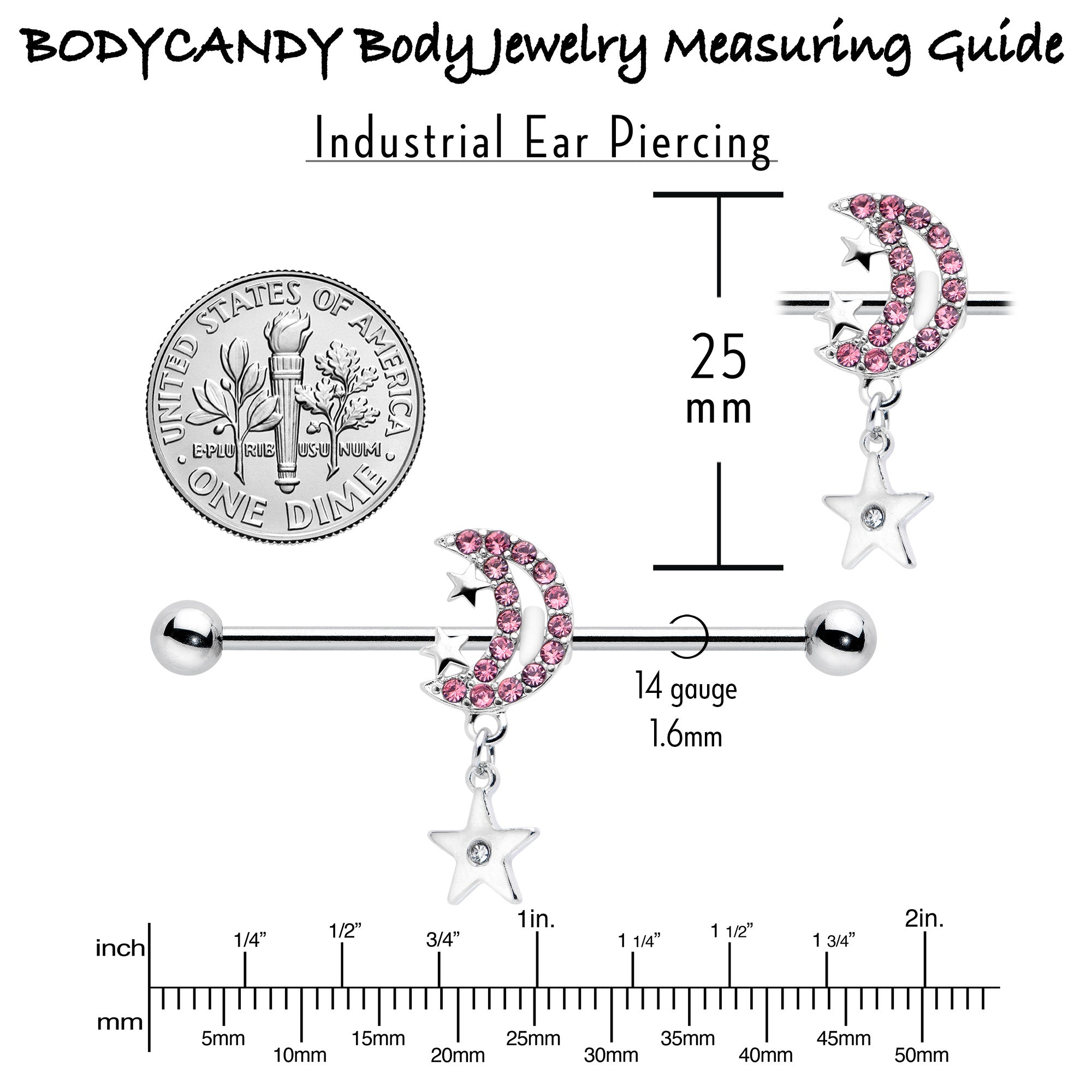 BodyCandy 14G Pink CZ Gem Moon Dangle Star Industrial Barbell 38mm — back view