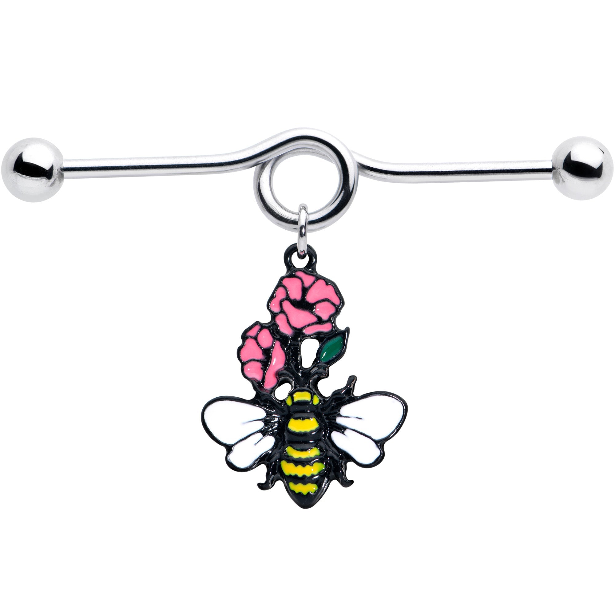 BodyCandy 14G Busy Bee Flowers Dangle Project Bar 38mm — detail close-up