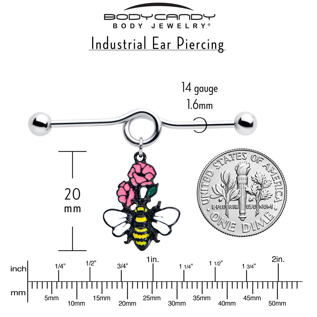 BodyCandy 14G Busy Bee Flowers Dangle Project Bar 38mm — side view