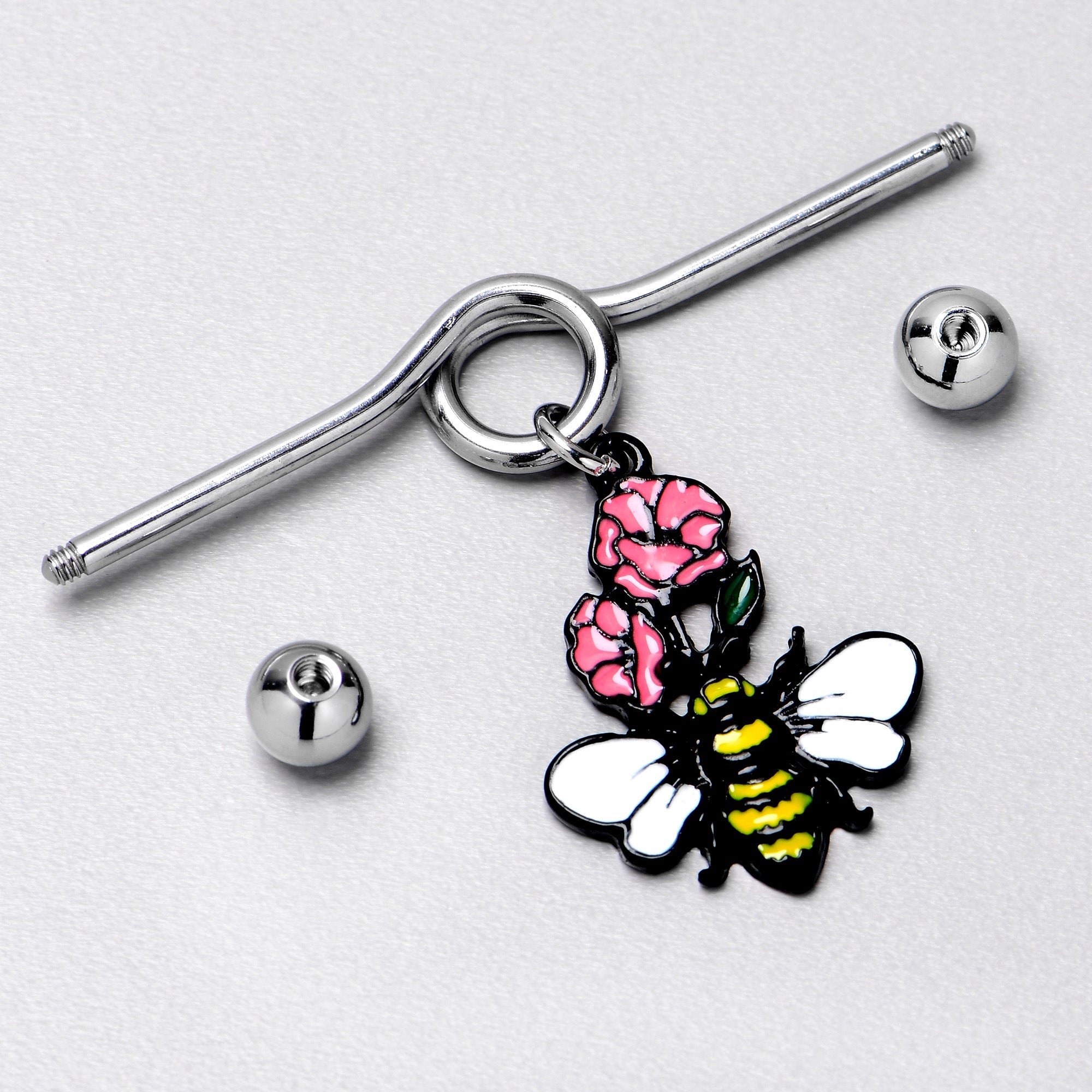 BodyCandy 14G Busy Bee Flowers Dangle Project Bar 38mm — in-use photo