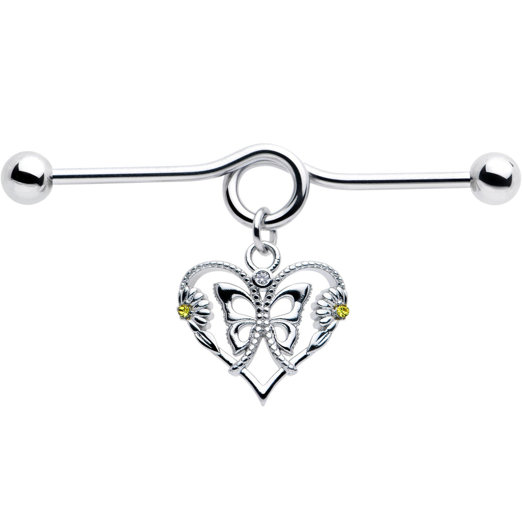 BodyCandy 14G Yellow CZ Gem Heart Flower Butterfly Project Bar 38mm — detail close-up