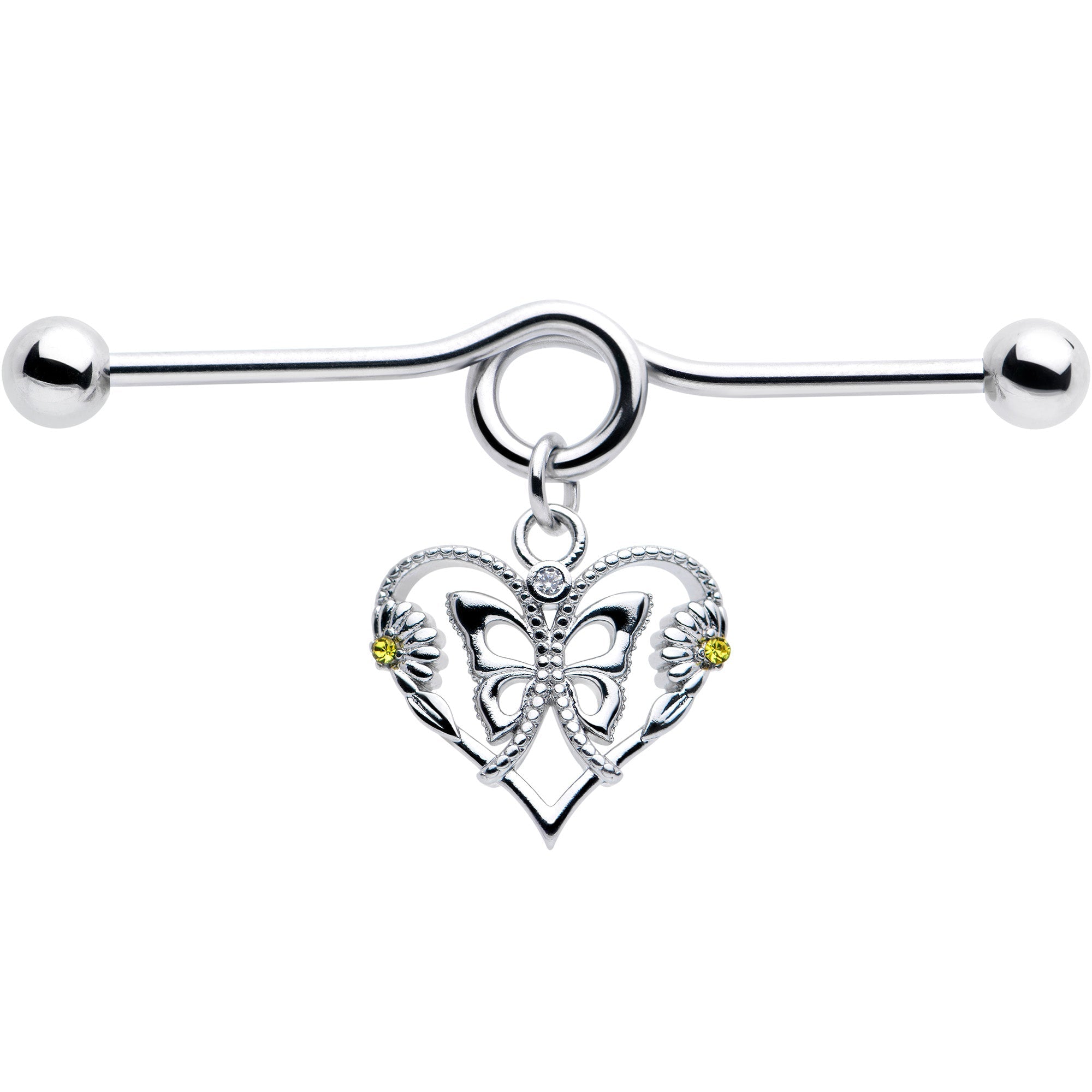 BodyCandy 14G Yellow CZ Gem Heart Flower Butterfly Project Bar 38mm — detail close-up