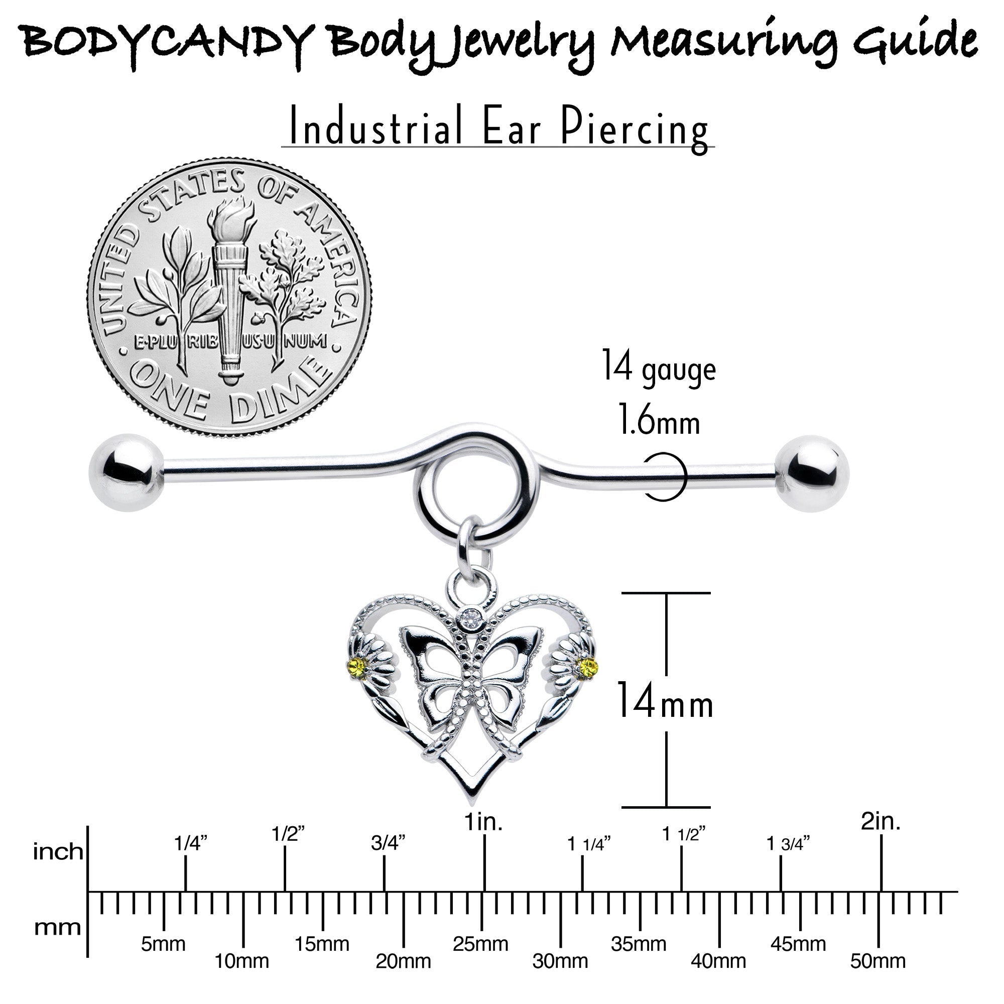 BodyCandy 14G Yellow CZ Gem Heart Flower Butterfly Project Bar 38mm — side view