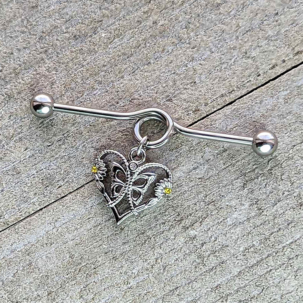 BodyCandy 14G Yellow CZ Gem Heart Flower Butterfly Project Bar 38mm — back view