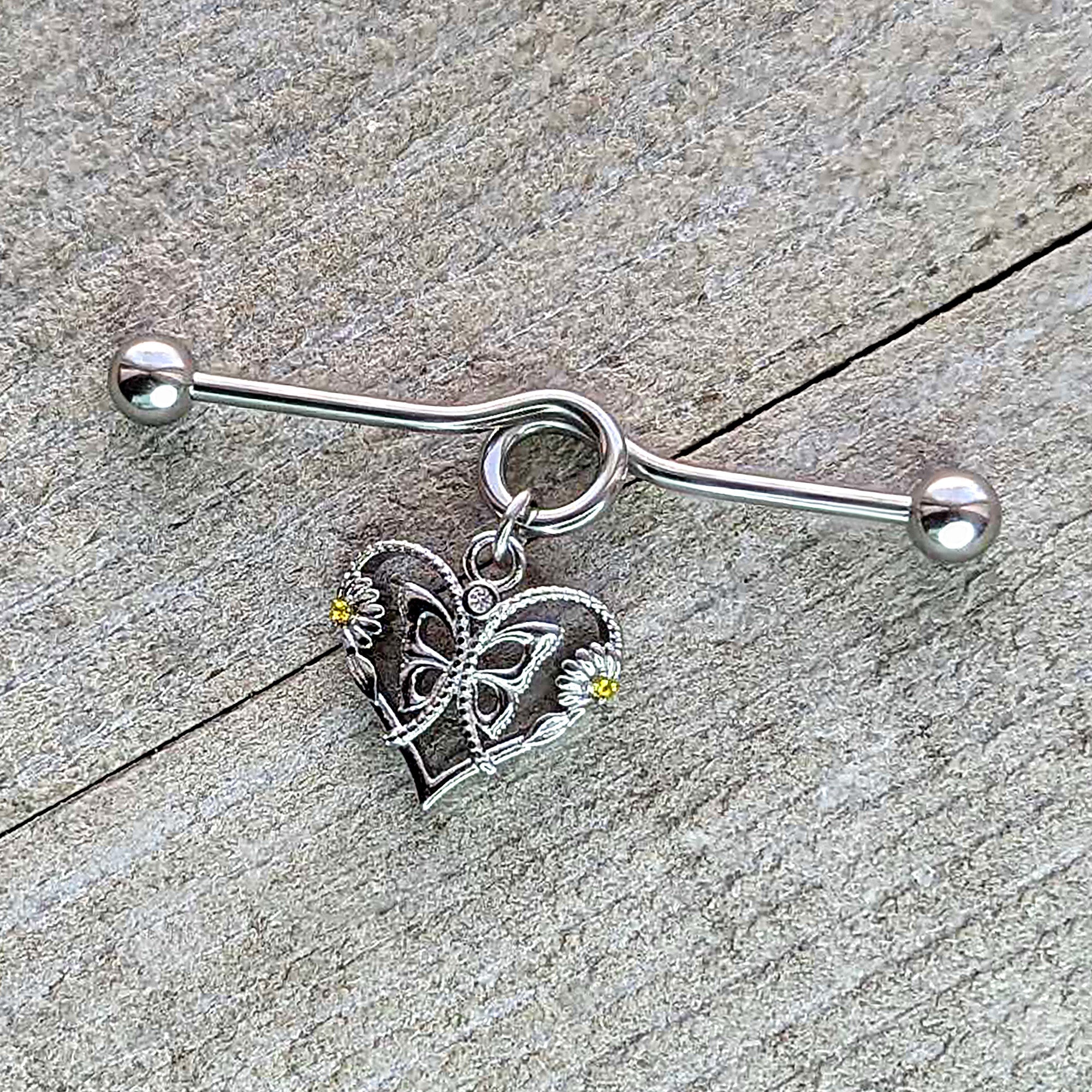 BodyCandy 14G Yellow CZ Gem Heart Flower Butterfly Project Bar 38mm — back view