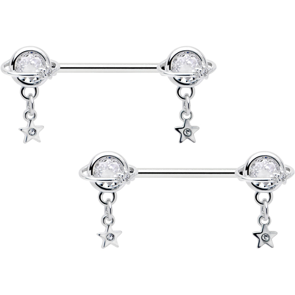 BodyCandy 14G 9/16 Clear CZ Gem Starry Saturn Dangle Nipple Ring Set — main product shot