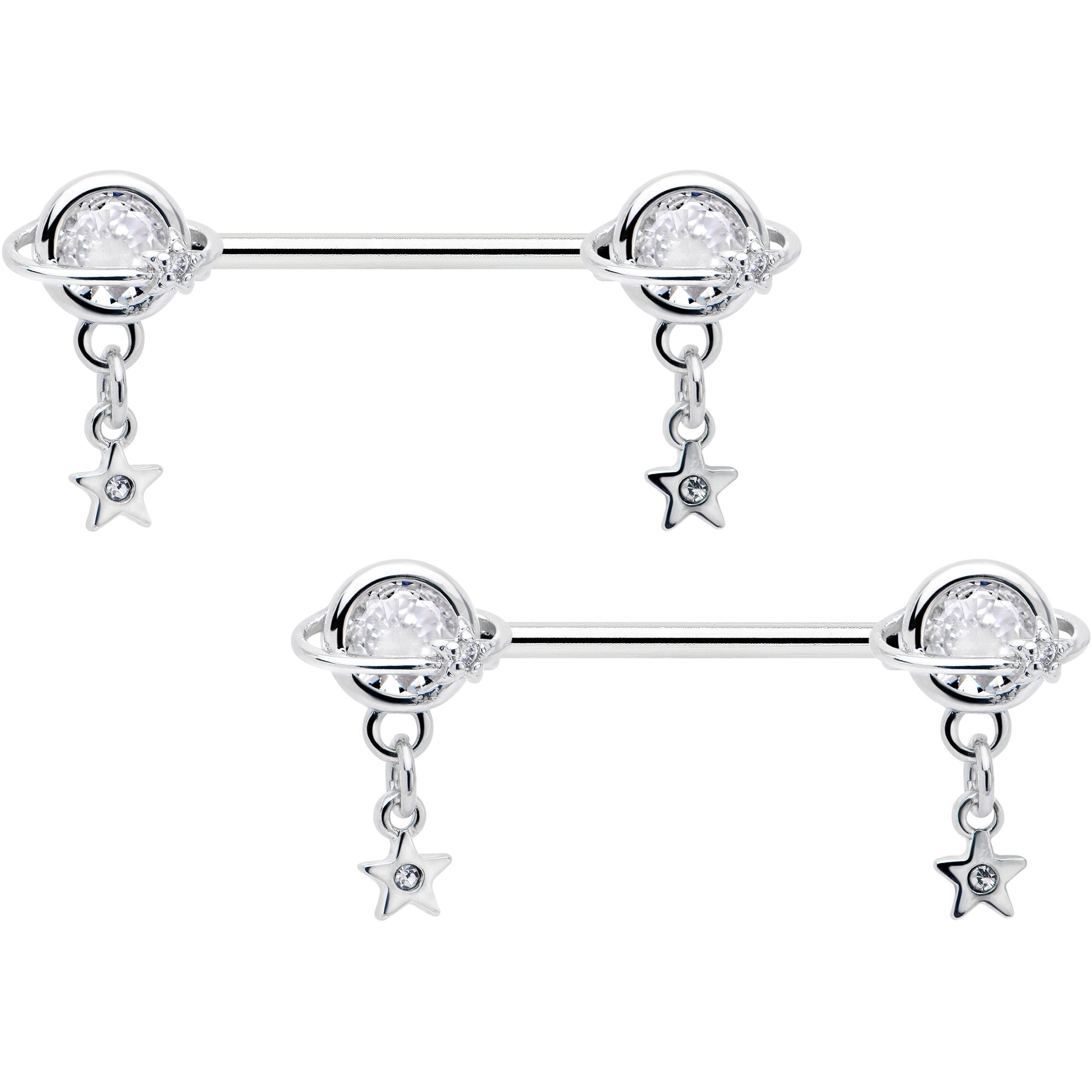 BodyCandy 14G 9/16 Clear CZ Gem Starry Saturn Dangle Nipple Ring Set — main product shot