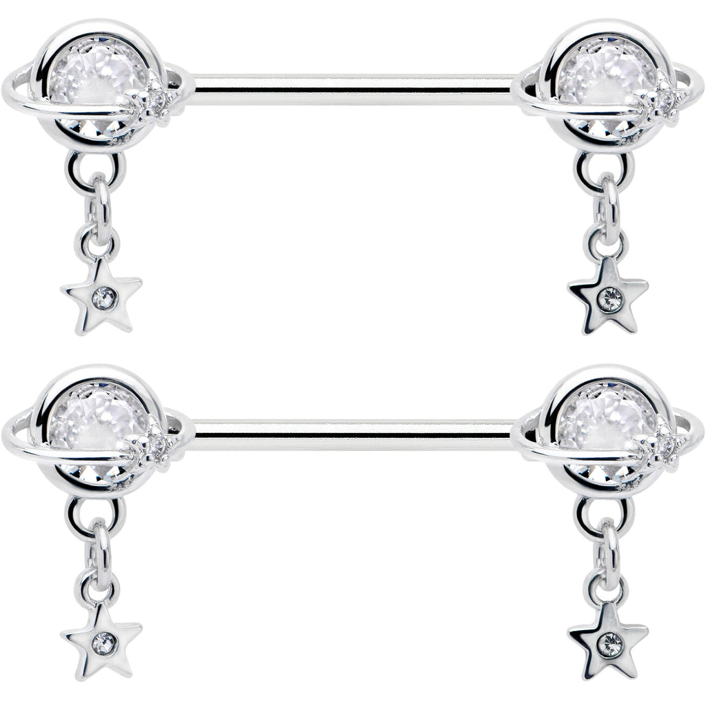 BodyCandy 14G 9/16 Clear CZ Gem Starry Saturn Dangle Nipple Ring Set — detail close-up