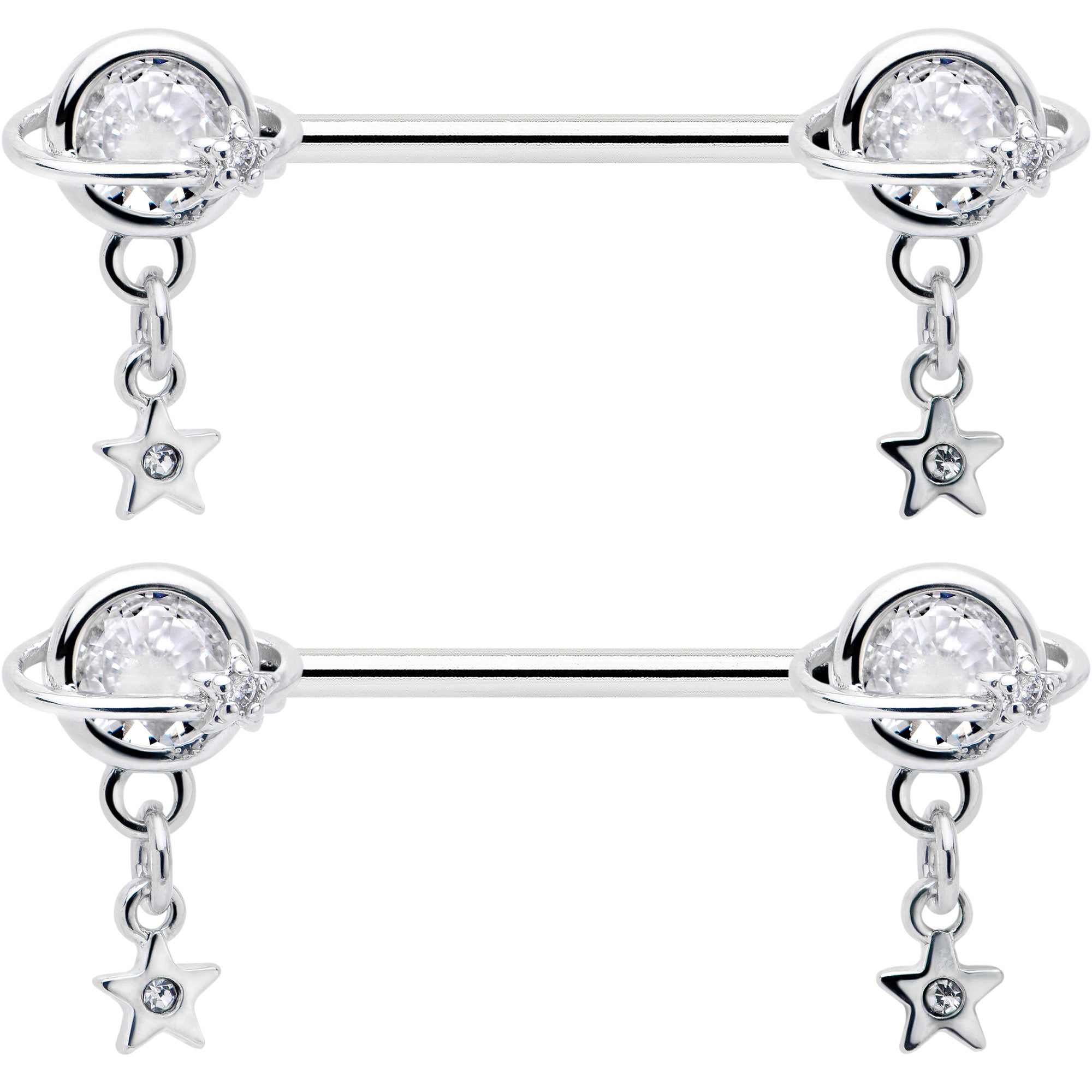 BodyCandy 14G 9/16 Clear CZ Gem Starry Saturn Dangle Nipple Ring Set — detail close-up