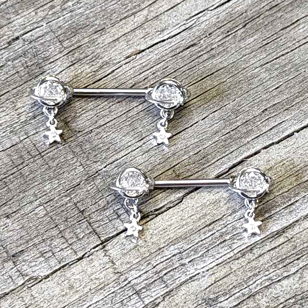 BodyCandy 14G 9/16 Clear CZ Gem Starry Saturn Dangle Nipple Ring Set — side view