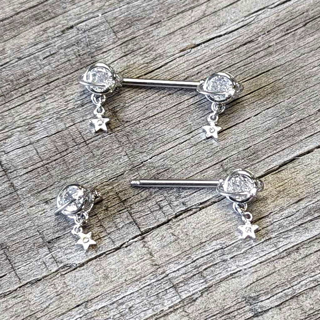 BodyCandy 14G 9/16 Clear CZ Gem Starry Saturn Dangle Nipple Ring Set — back view