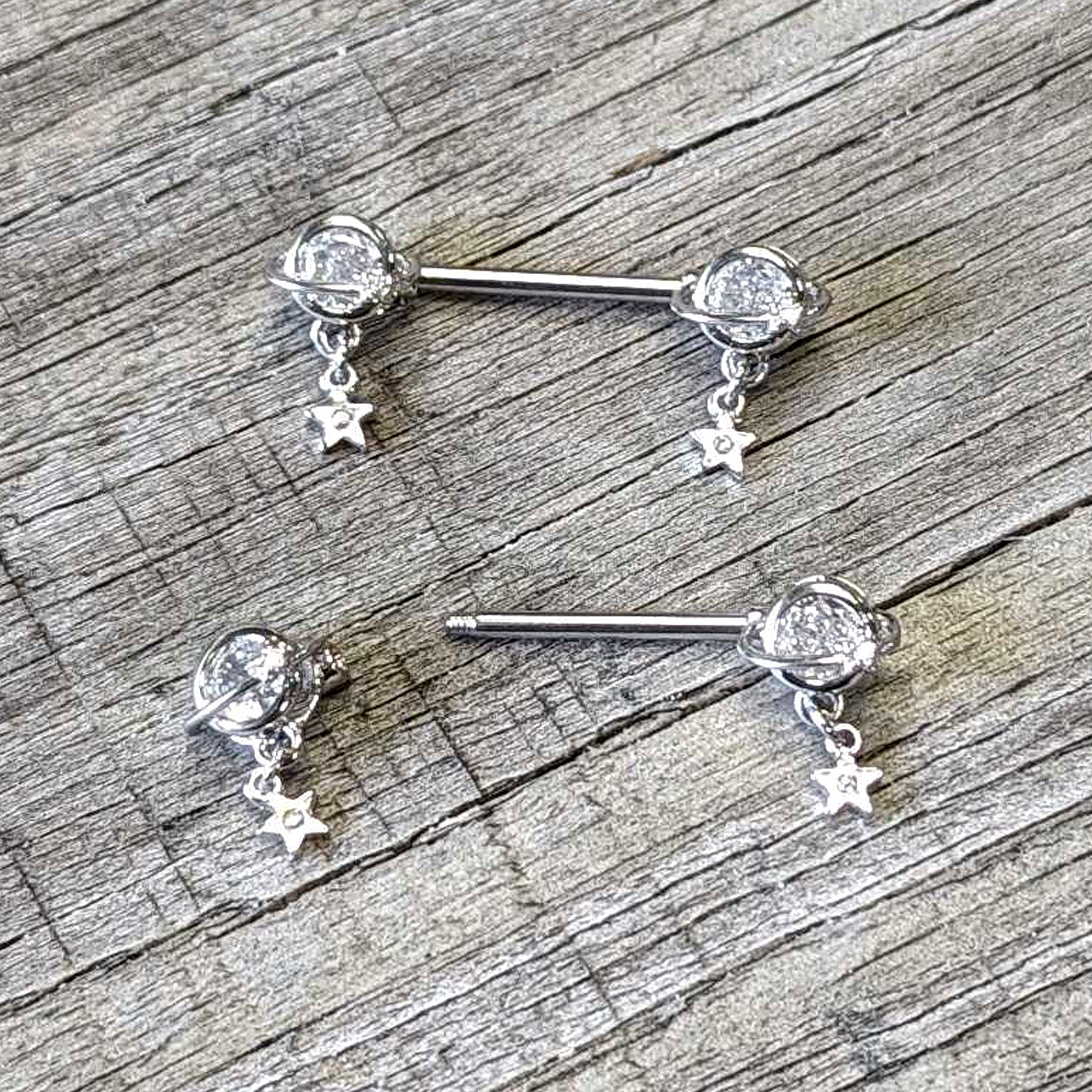 BodyCandy 14G 9/16 Clear CZ Gem Starry Saturn Dangle Nipple Ring Set — back view