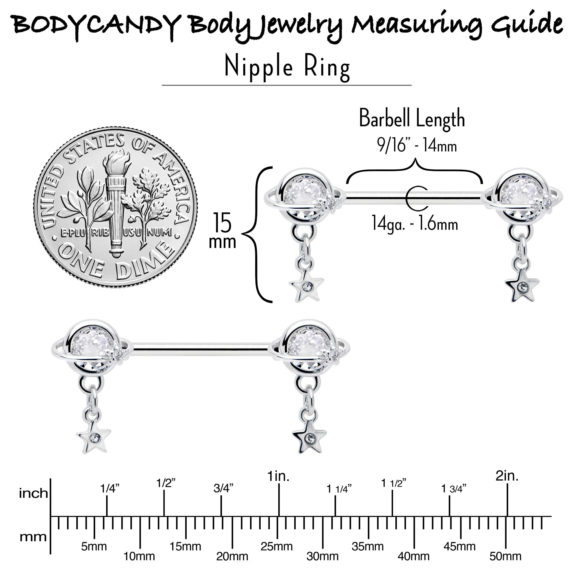 BodyCandy 14G 9/16 Clear CZ Gem Starry Saturn Dangle Nipple Ring Set — alternative angle