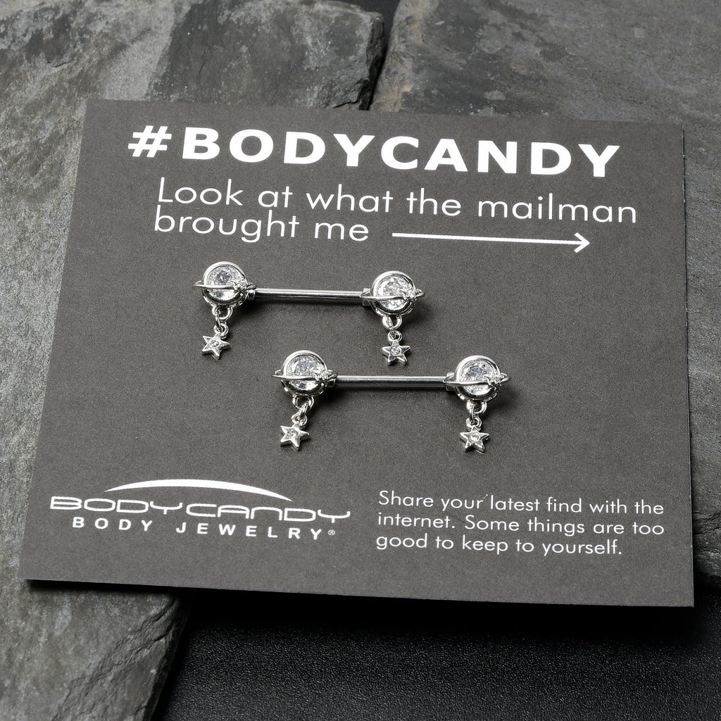 BodyCandy 14G 9/16 Clear CZ Gem Starry Saturn Dangle Nipple Ring Set — in-use photo