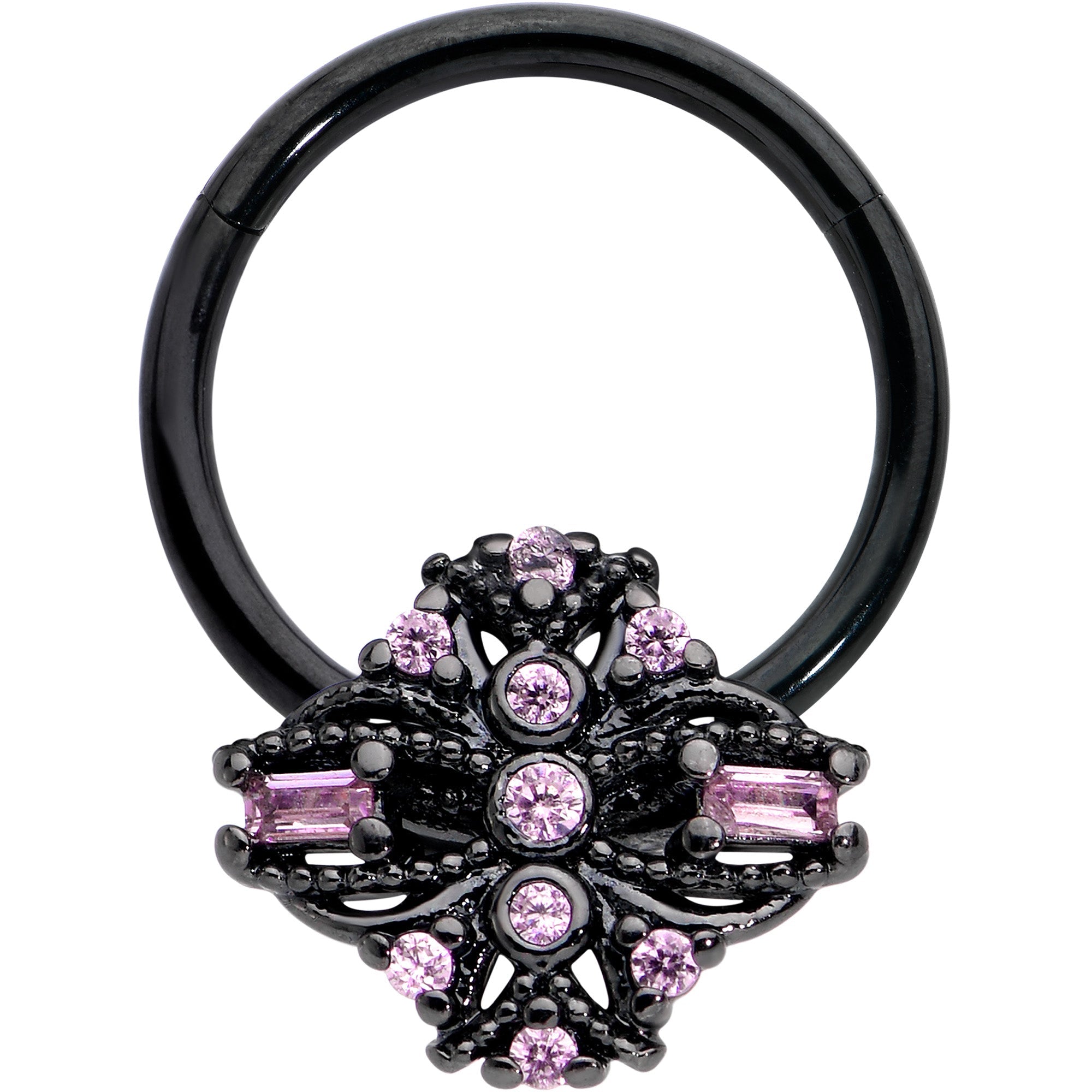 BodyCandy 16G 3/8 Pink Gem Black Opulent Cross Hinged Segment Ring — main product shot