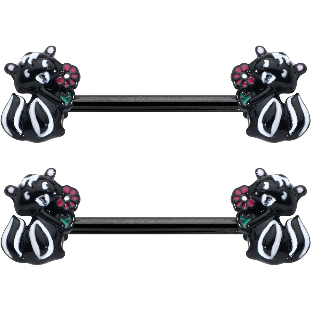 BodyCandy 14G 9/16 Black Funky Skunk Barbell Nipple Ring Set — detail close-up