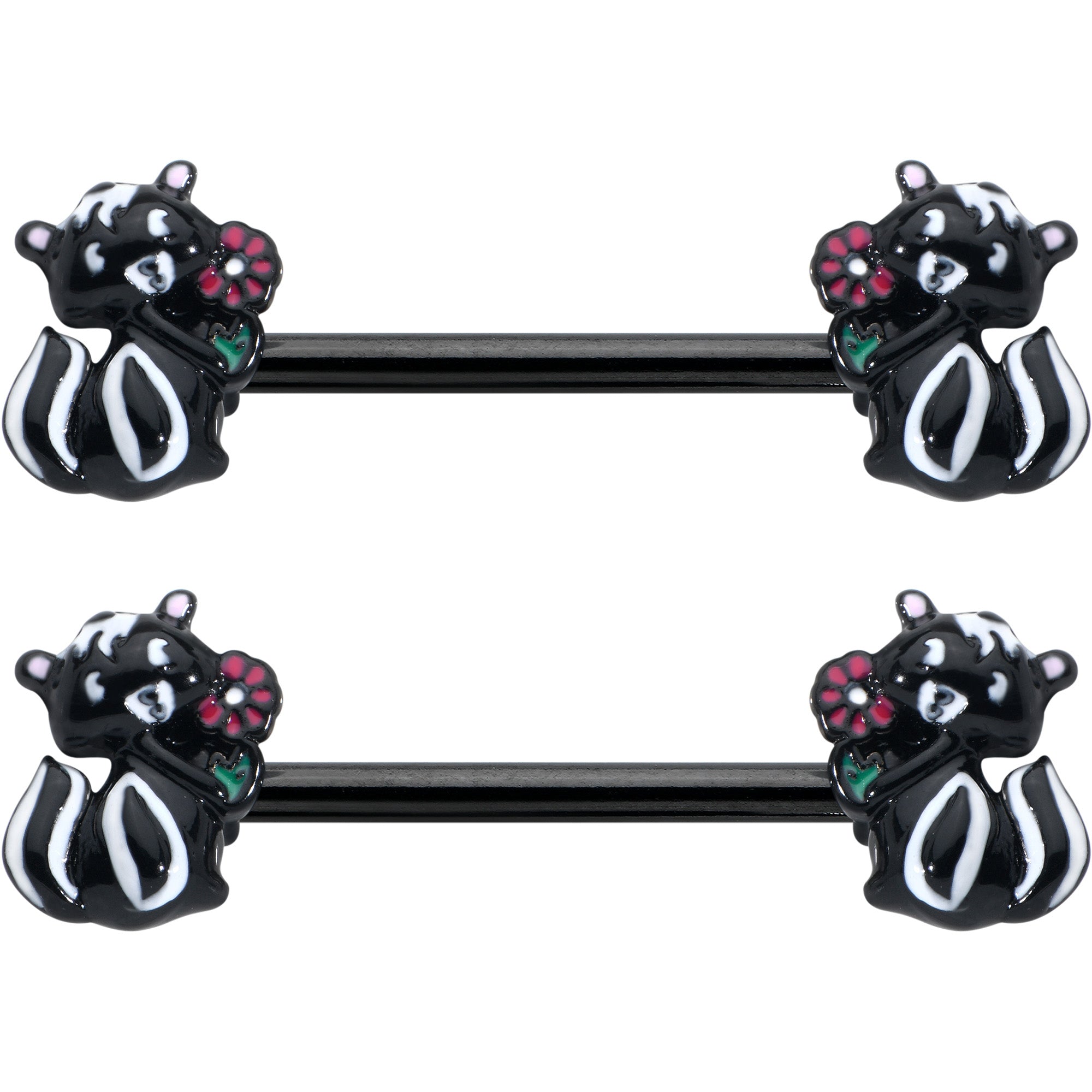 BodyCandy 14G 9/16 Black Funky Skunk Barbell Nipple Ring Set — detail close-up