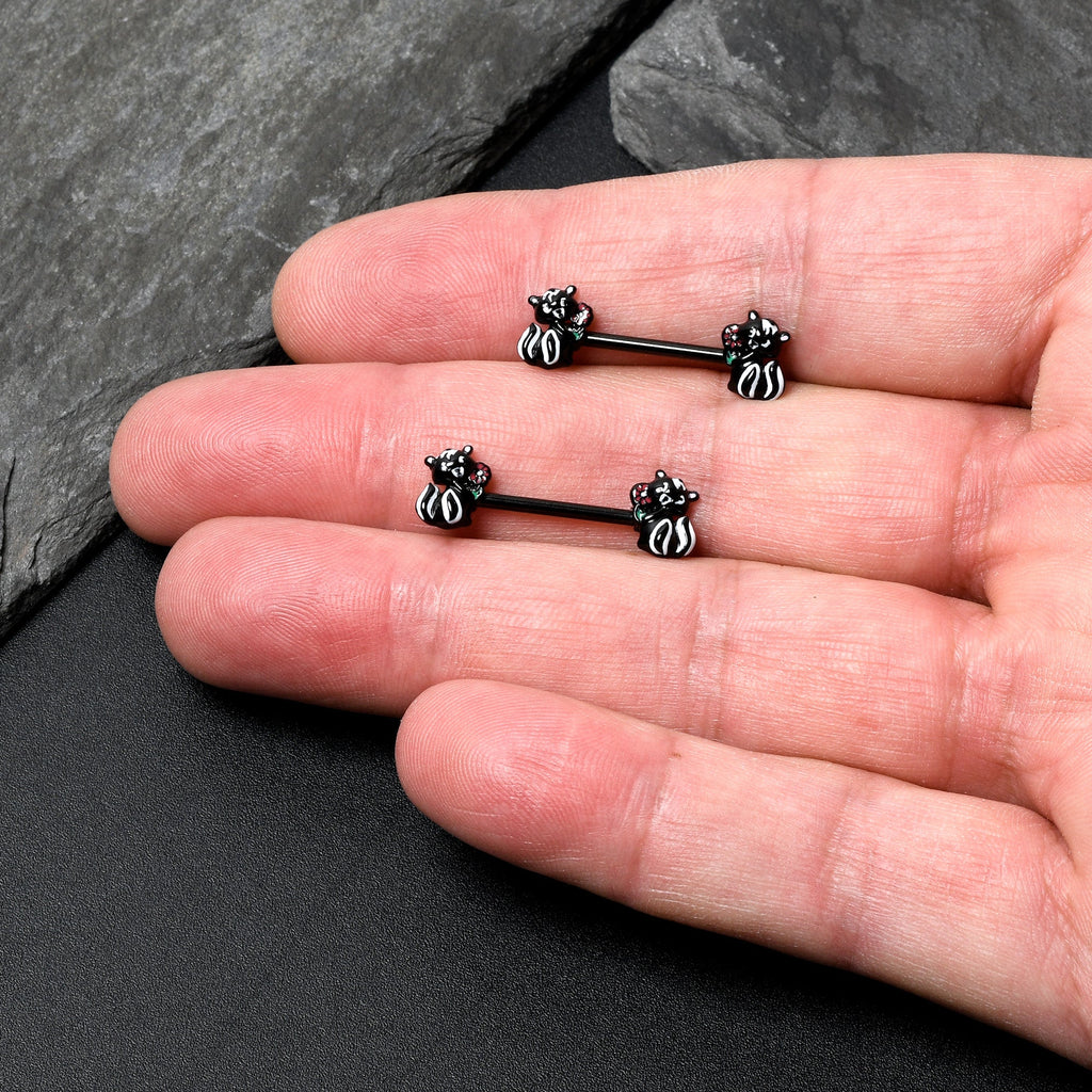BodyCandy 14G 9/16 Black Funky Skunk Barbell Nipple Ring Set — lifestyle context