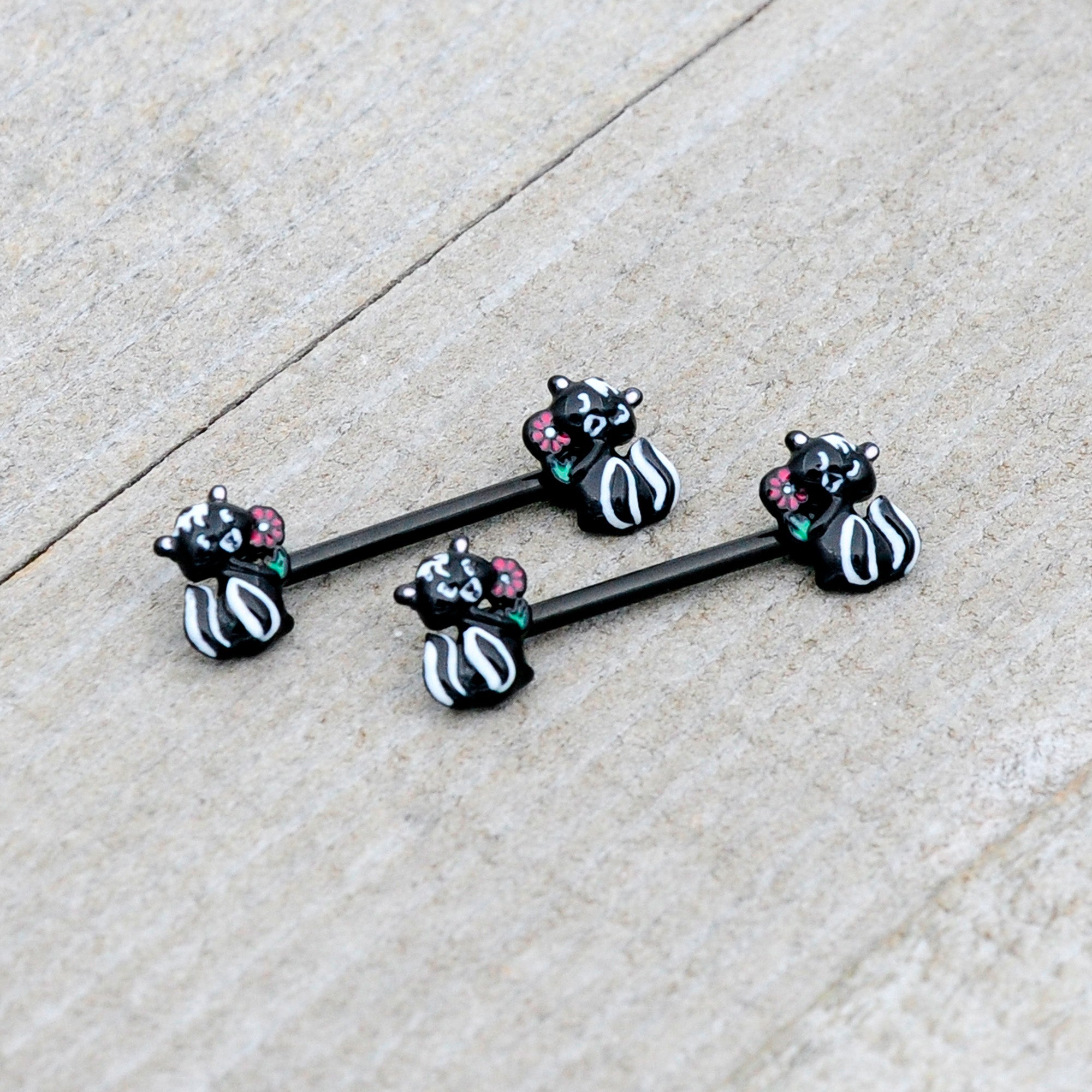 BodyCandy 14G 9/16 Black Funky Skunk Barbell Nipple Ring Set — alternative angle