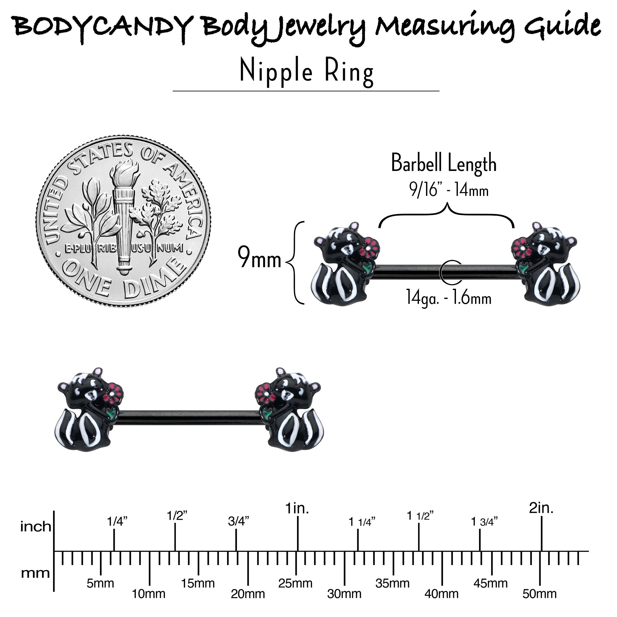 BodyCandy 14G 9/16 Black Funky Skunk Barbell Nipple Ring Set — in-use photo