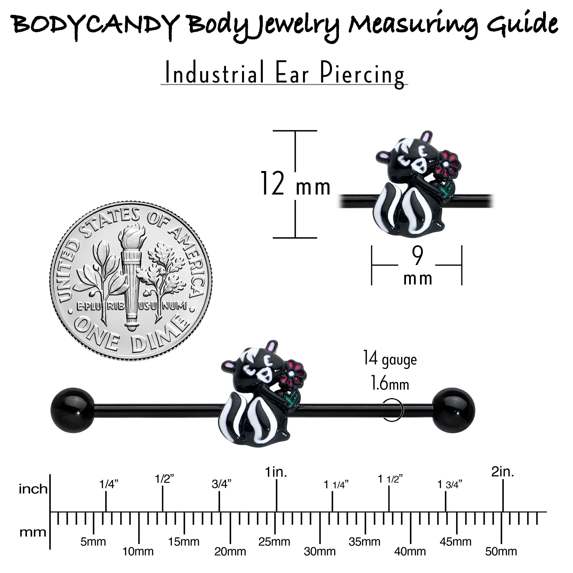 BodyCandy 14G Black Funky Skunk Industrial Barbell 38mm — in-use photo