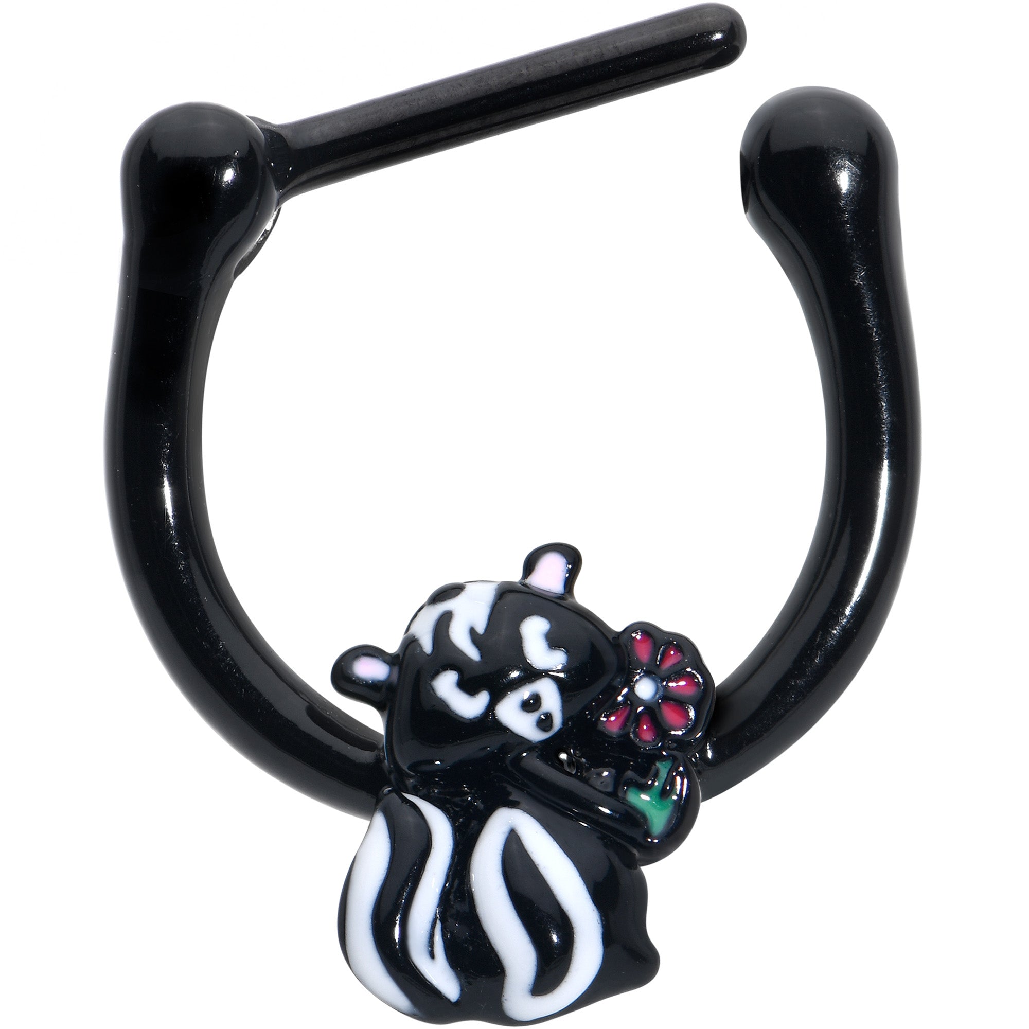 BodyCandy 16G 5/16 Black Funky Skunk Cartilage Clicker — detail close-up