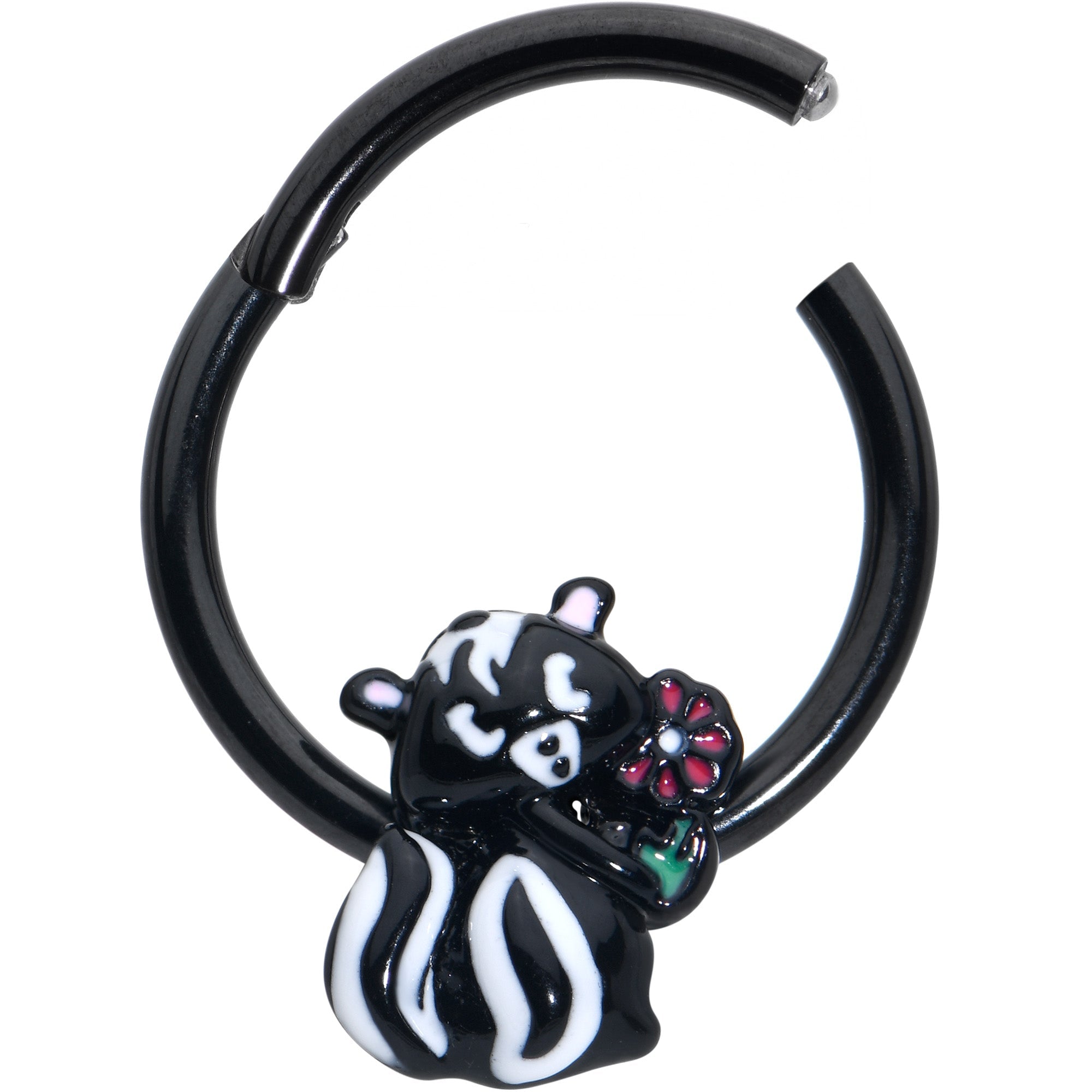 BodyCandy 16G 3/8 Black Funky Skunk Hinged Segment Ring — detail close-up