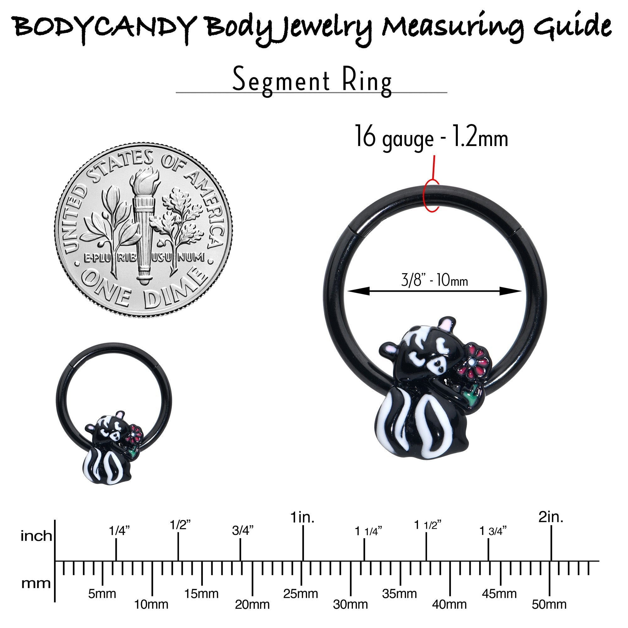 BodyCandy 16G 3/8 Black Funky Skunk Hinged Segment Ring — in-use photo