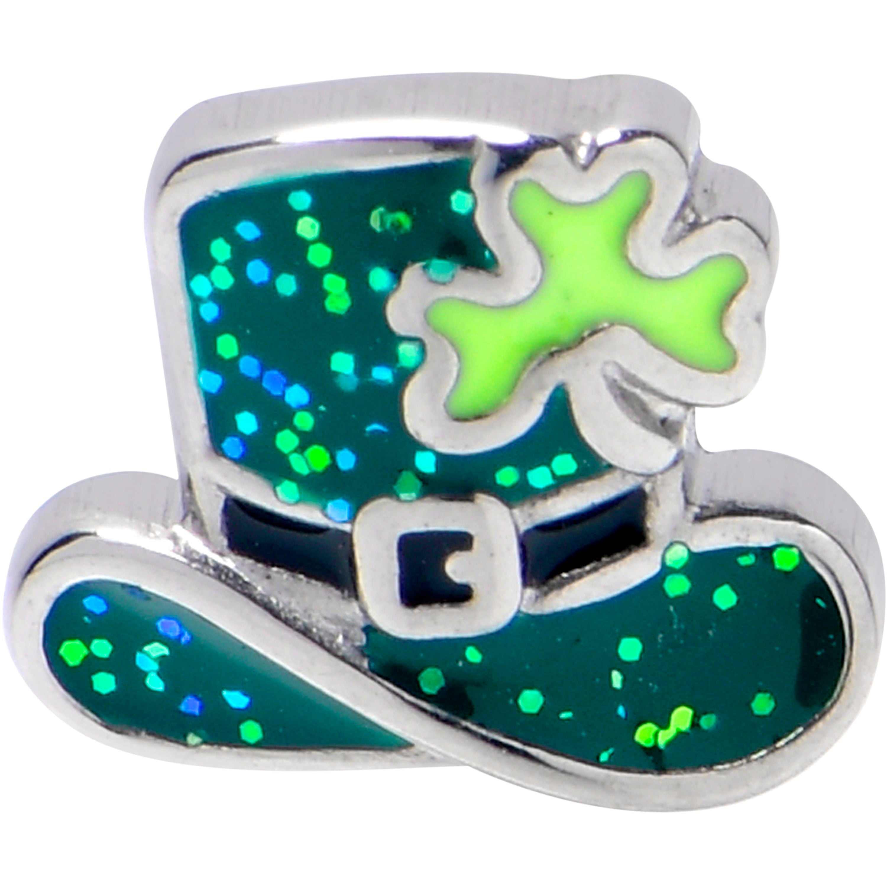 BodyCandy Glitter Top Hat Shamrock St Patricks Barbell Tongue Ring — detail close-up