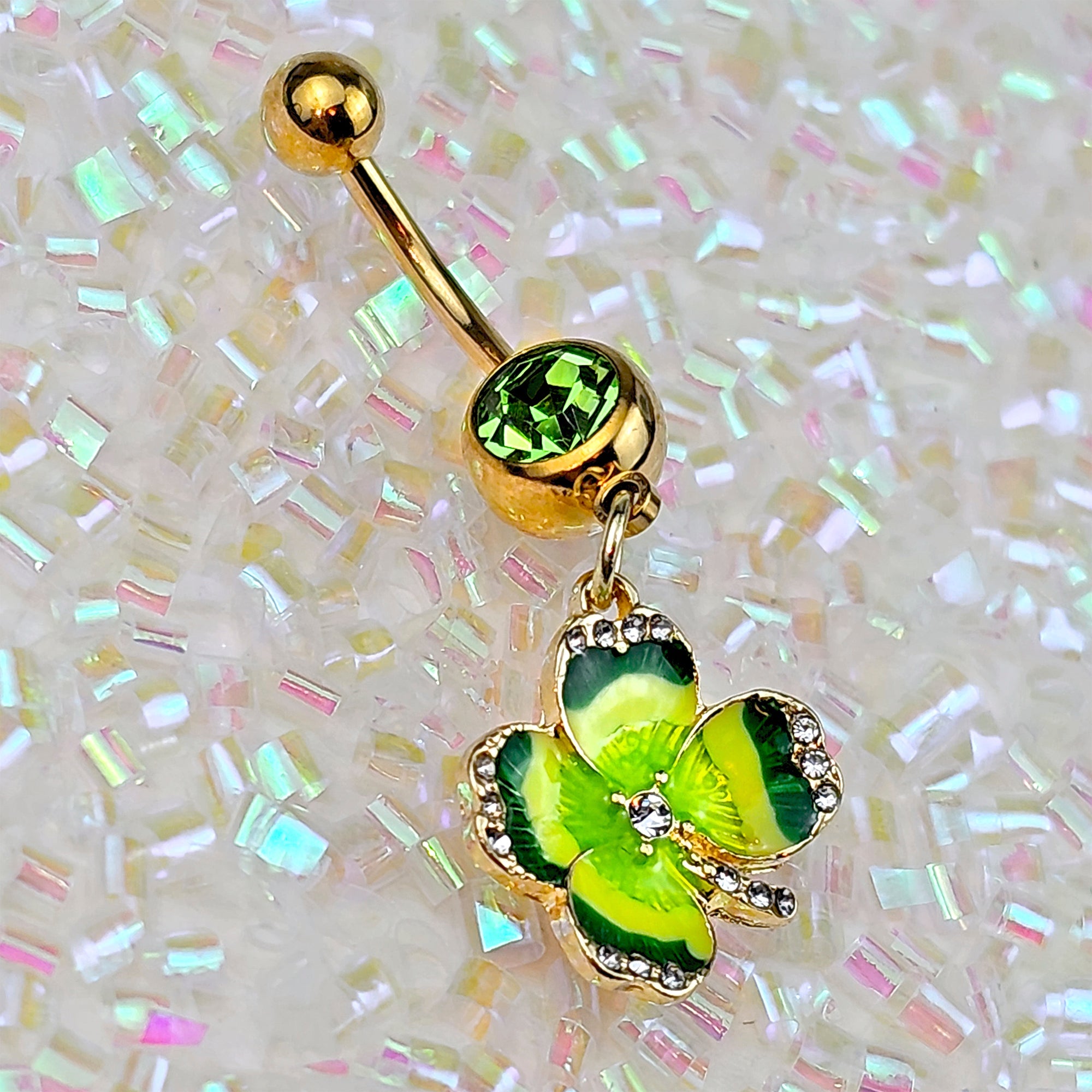BodyCandy Clear Green Gem Gold Tone Lucky Shamrock Dangle Belly Ring — side view