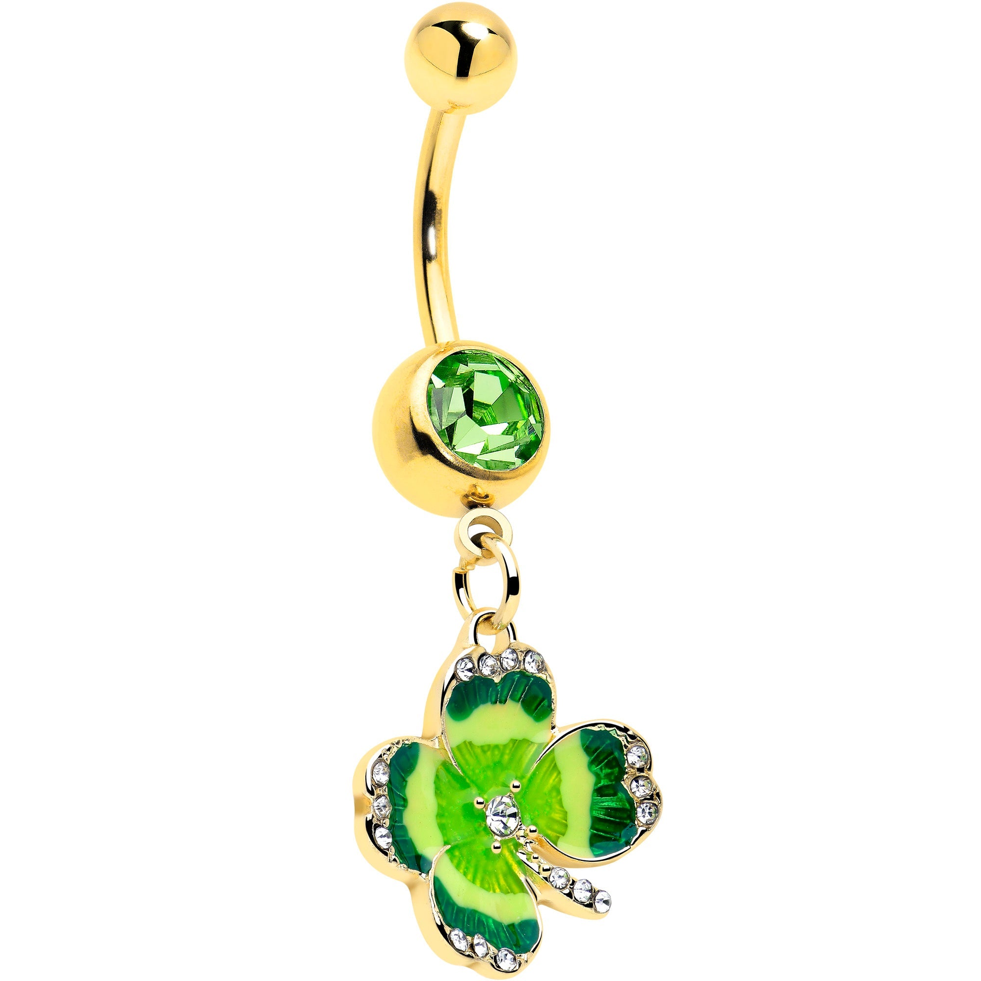 BodyCandy Clear Green Gem Gold Tone Lucky Shamrock Dangle Belly Ring — main product shot