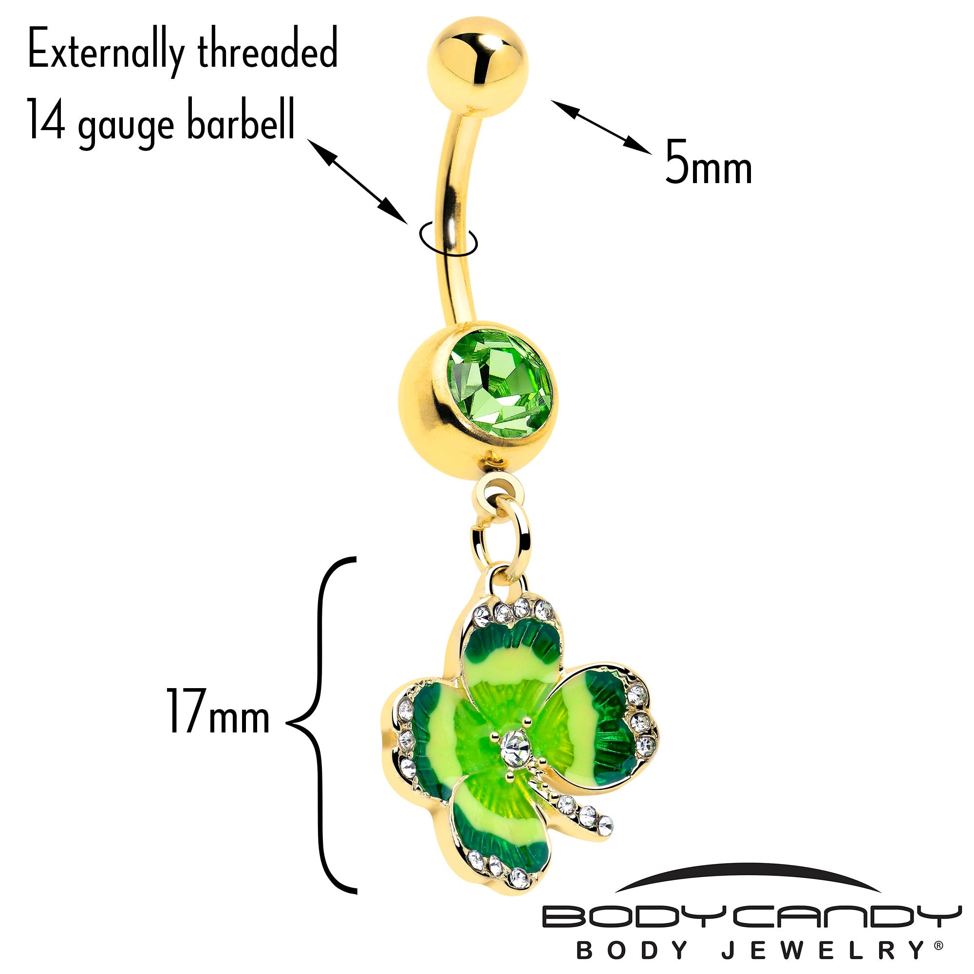 BodyCandy Clear Green Gem Gold Tone Lucky Shamrock Dangle Belly Ring — detail close-up