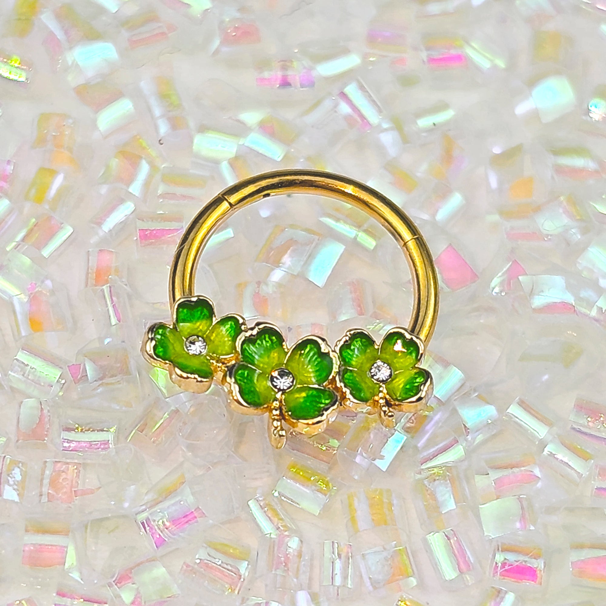 BodyCandy 16G 3/8 Clear Gem Gold Tone Lucky Shamrock Hinged Segment Ring — main product shot