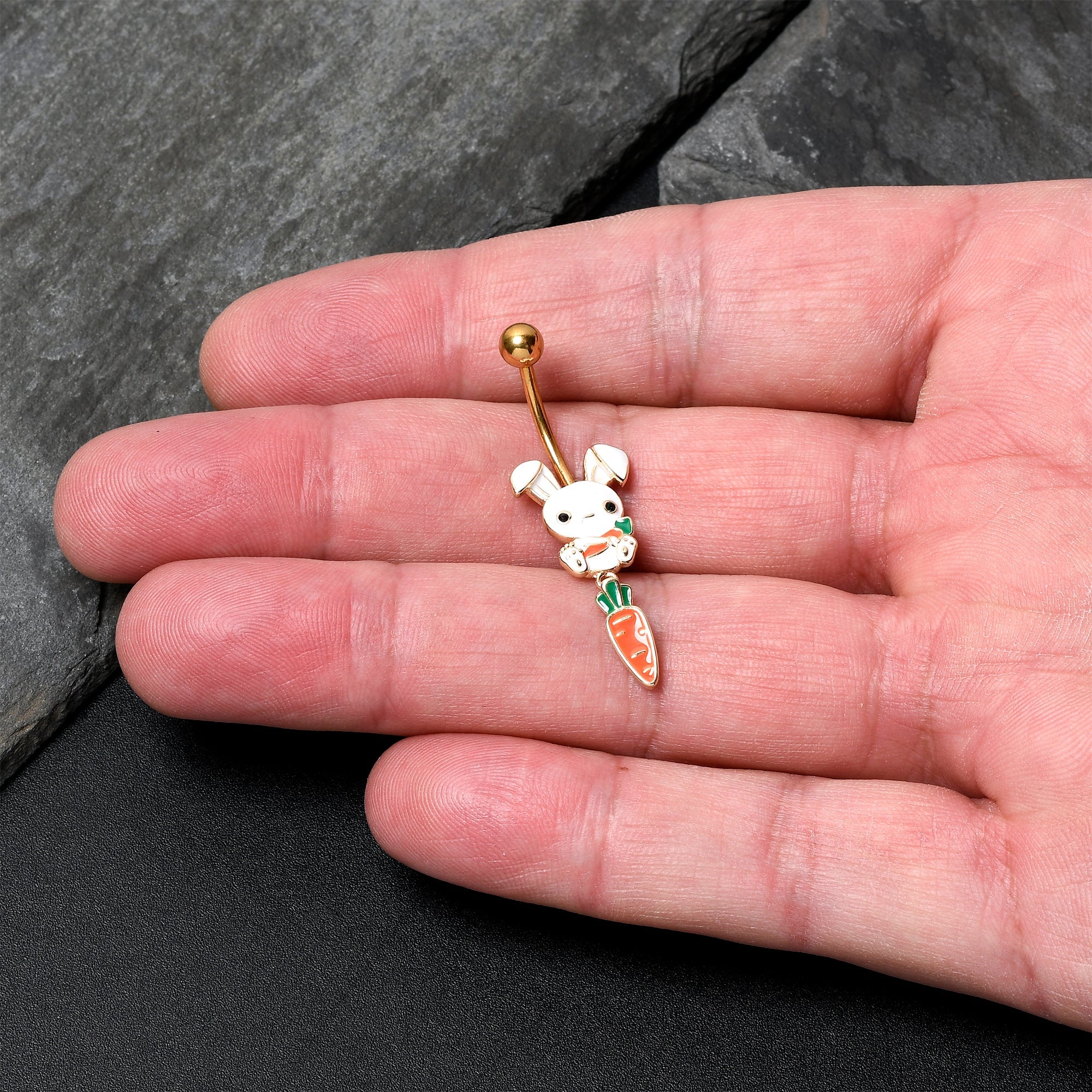 BodyCandy Gold Tone Cutie Easter Bunny Carrot Dangle Belly Ring — detail close-up