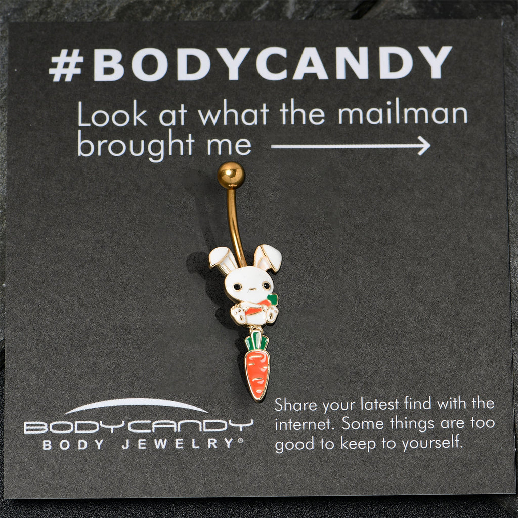 BodyCandy Gold Tone Cutie Easter Bunny Carrot Dangle Belly Ring — side view