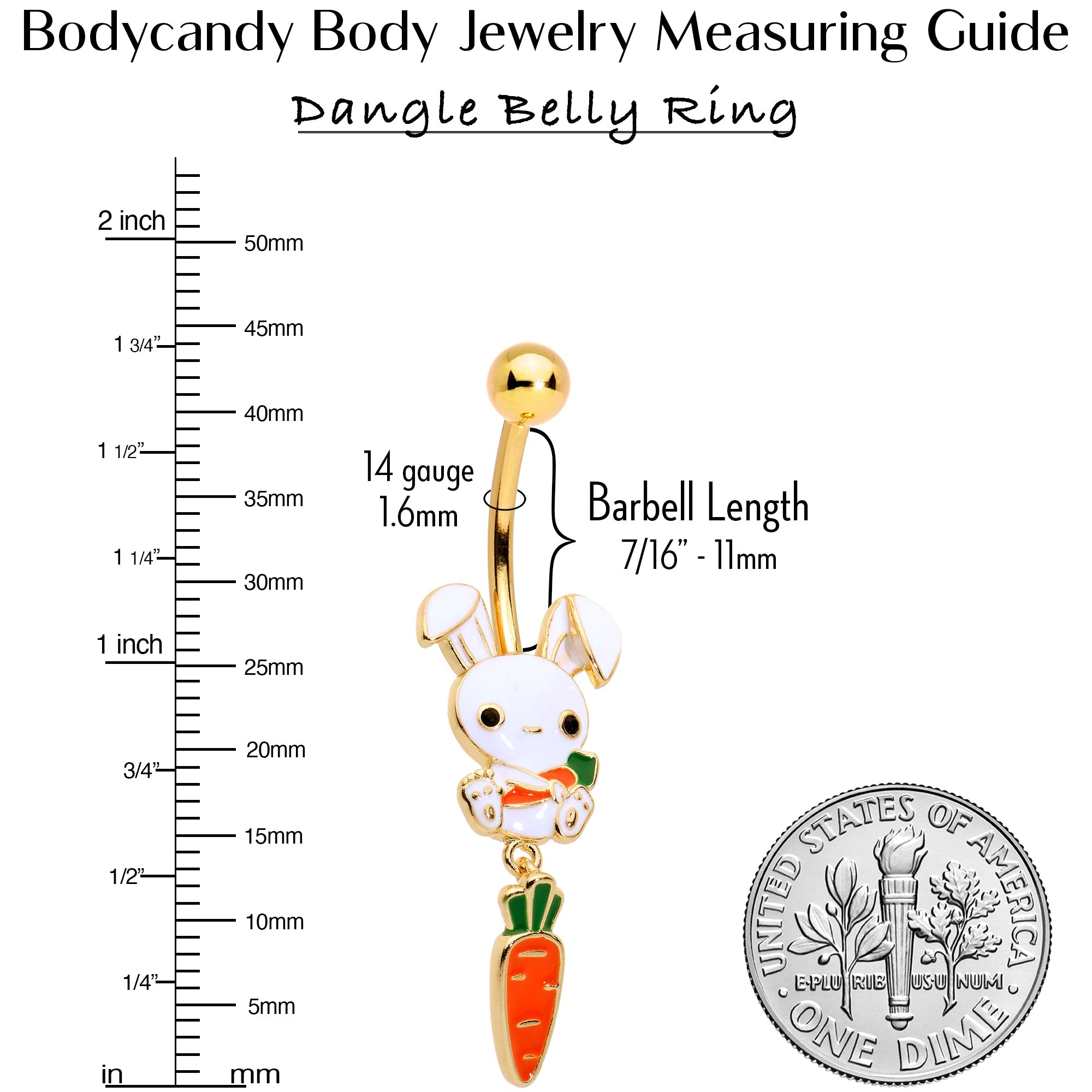 BodyCandy Gold Tone Cutie Easter Bunny Carrot Dangle Belly Ring — in-use photo