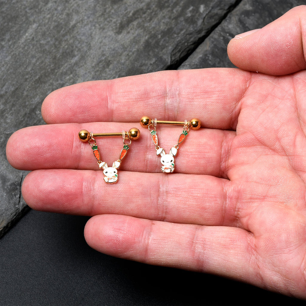 BodyCandy 14G 9/16 Gold Tone Cutie Easter Bunny Dangle Nipple Ring Set — detail close-up