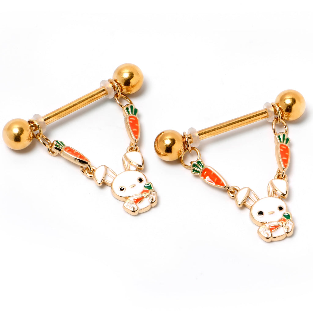 BodyCandy 14G 9/16 Gold Tone Cutie Easter Bunny Dangle Nipple Ring Set — lifestyle context
