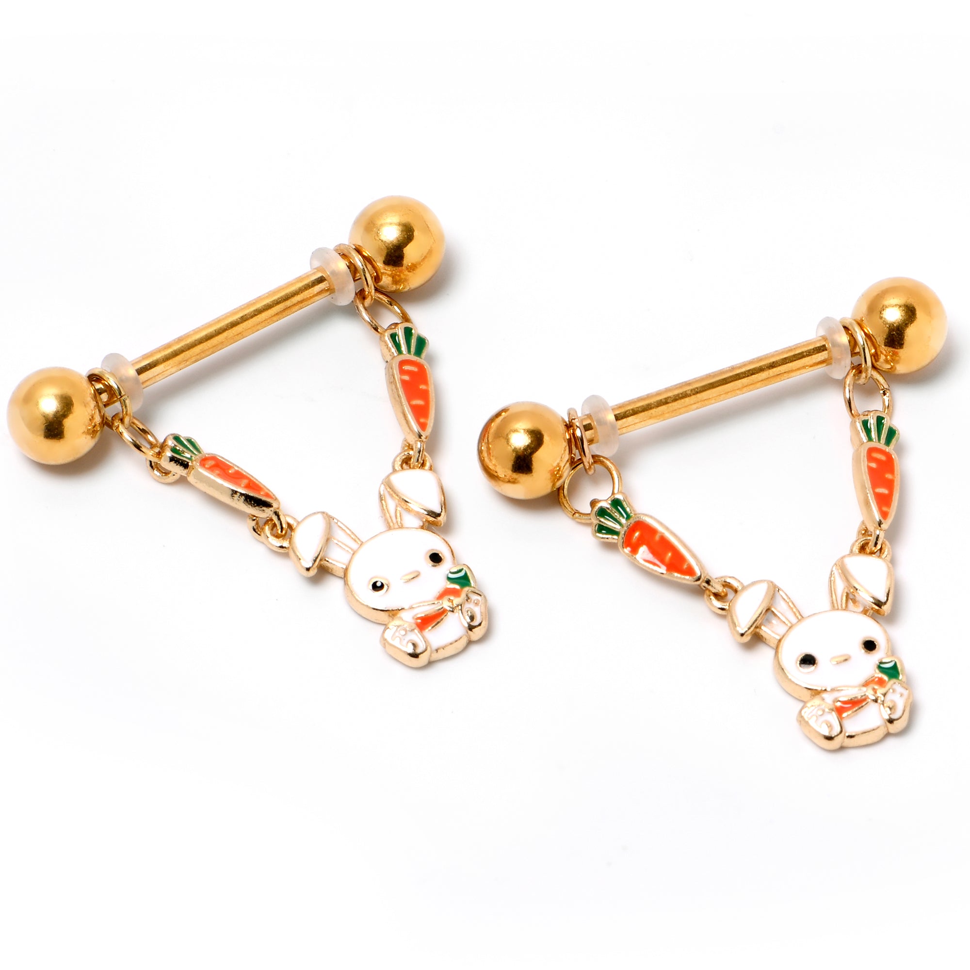 BodyCandy 14G 9/16 Gold Tone Cutie Easter Bunny Dangle Nipple Ring Set — lifestyle context