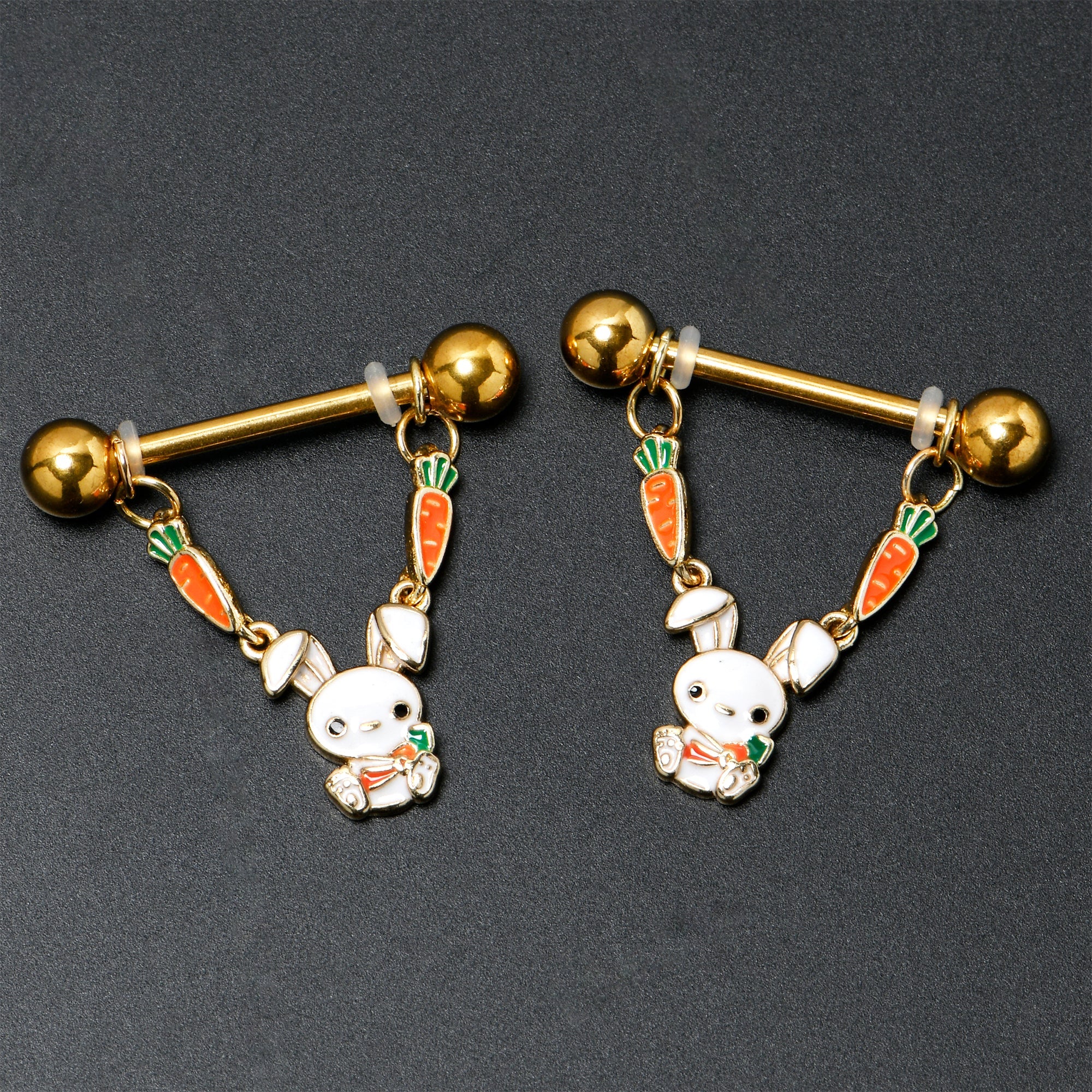 BodyCandy 14G 9/16 Gold Tone Cutie Easter Bunny Dangle Nipple Ring Set — side view