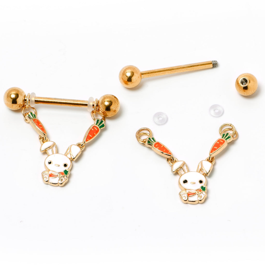 BodyCandy 14G 9/16 Gold Tone Cutie Easter Bunny Dangle Nipple Ring Set — back view
