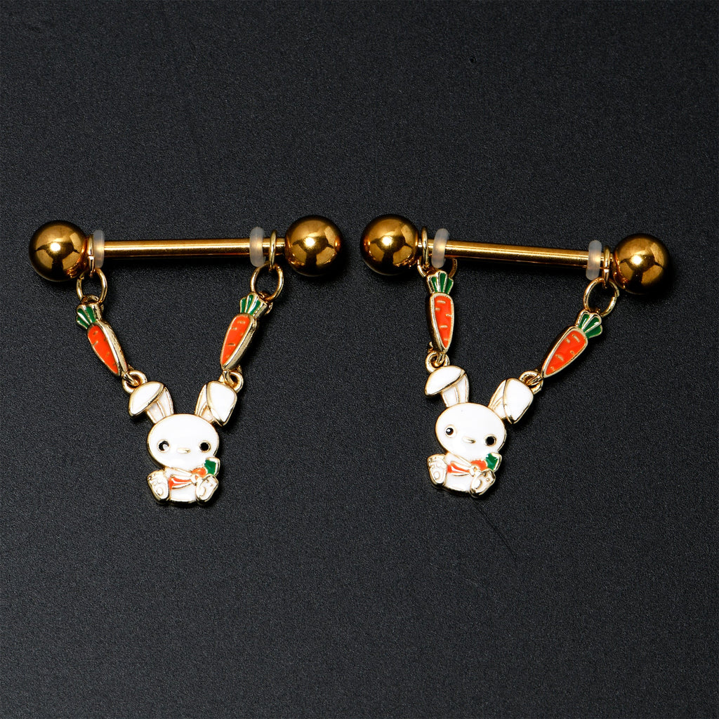 BodyCandy 14G 9/16 Gold Tone Cutie Easter Bunny Dangle Nipple Ring Set — in-use photo