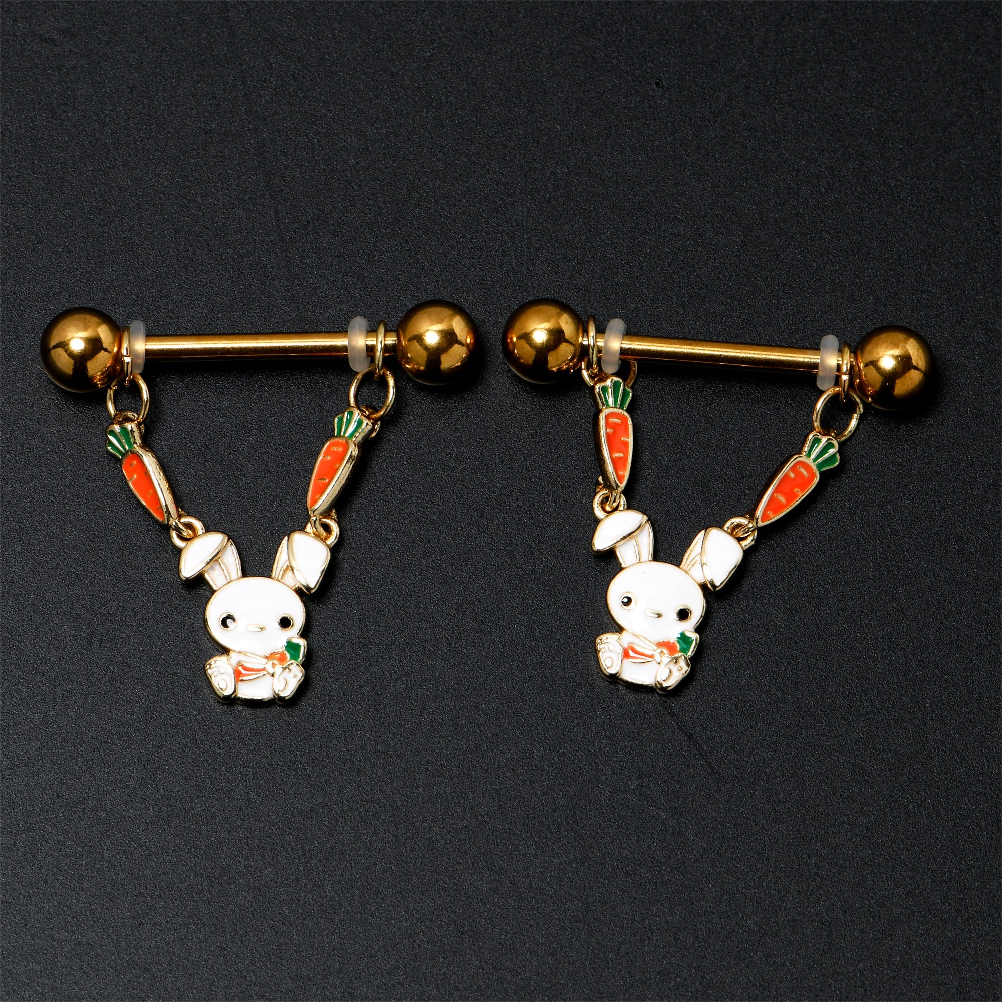 BodyCandy 14G 9/16 Gold Tone Cutie Easter Bunny Dangle Nipple Ring Set — in-use photo
