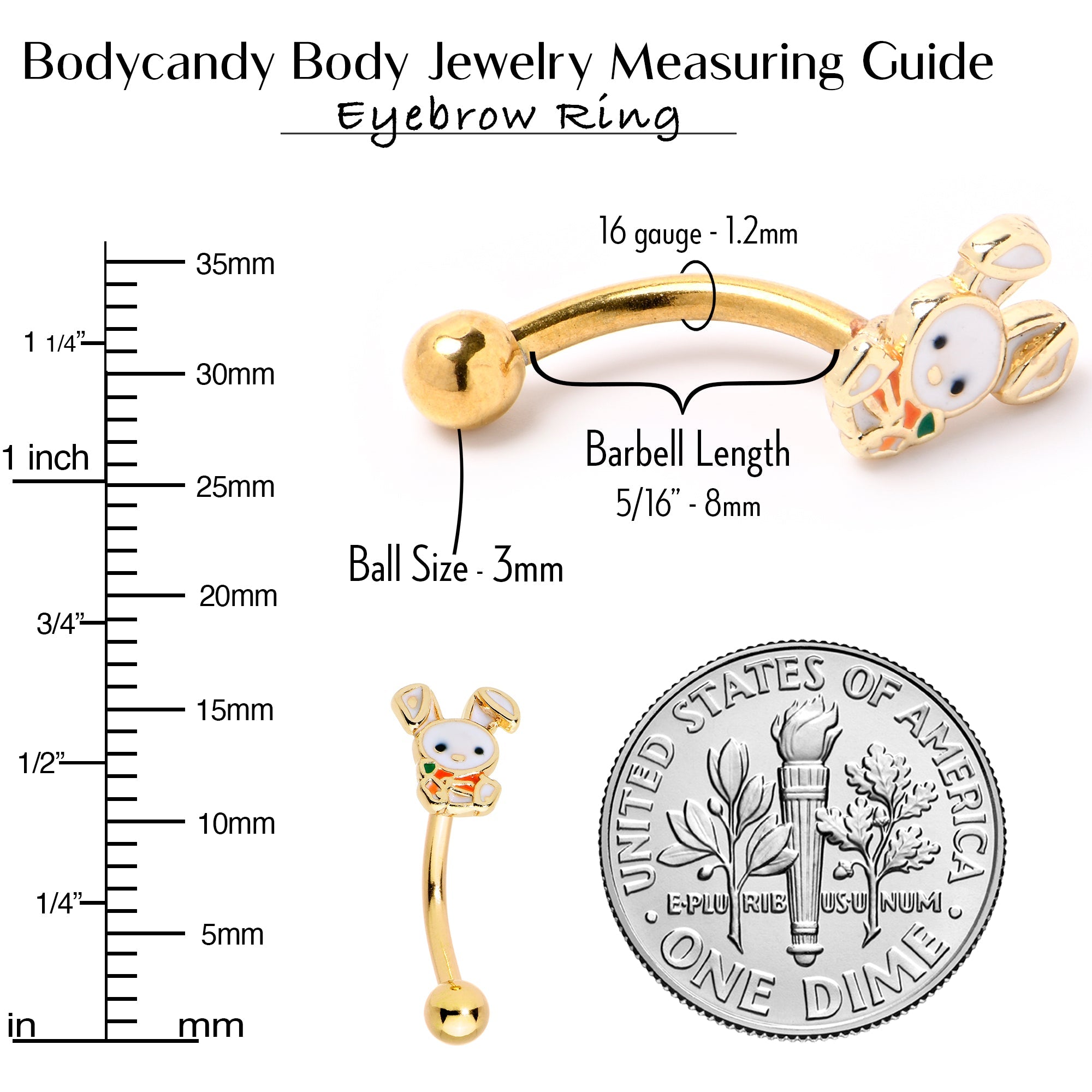 BodyCandy 16G 5/16 Gold Tone Cutie Easter Bunny Curved Eyebrow Ring — back view
