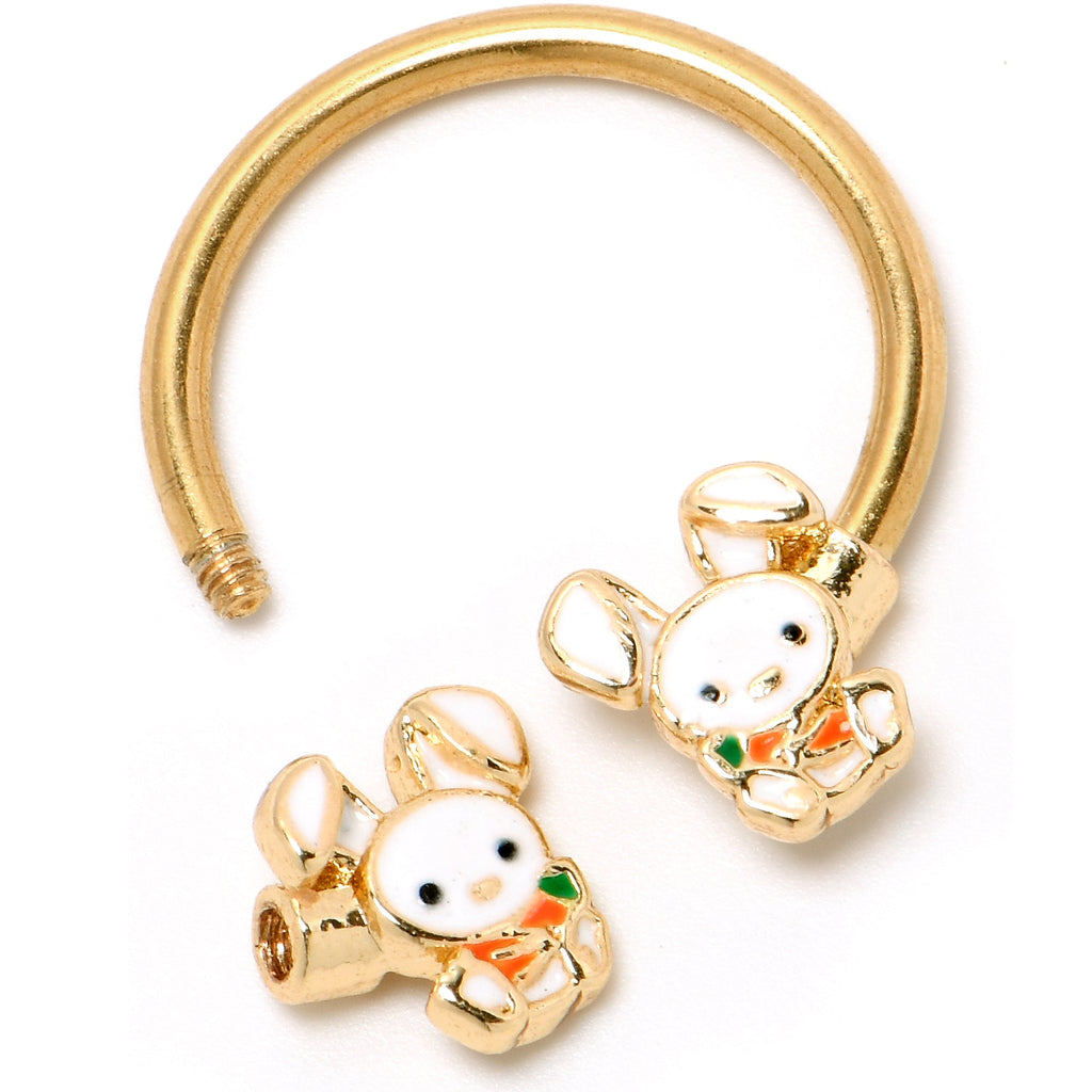 BodyCandy 16G 3/8 Gold Tone Cutie Easter Bunny Horseshoe Circular Barbell — detail close-up