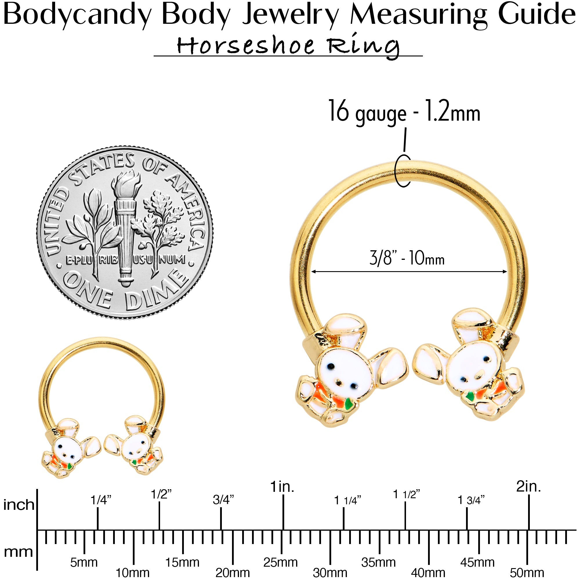 BodyCandy 16G 3/8 Gold Tone Cutie Easter Bunny Horseshoe Circular Barbell — alternative angle