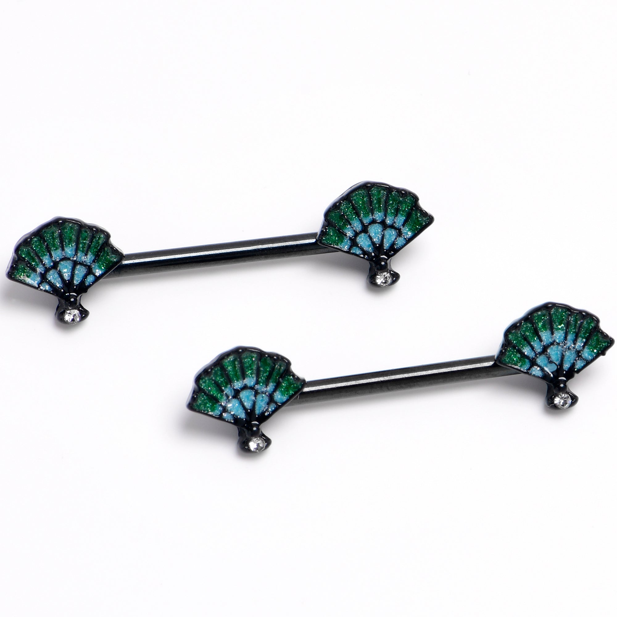 BodyCandy 14G 9/16 Black PVD Serenity Ocean Magic Sea Shells Barbell Nipple Ring Set — main product shot