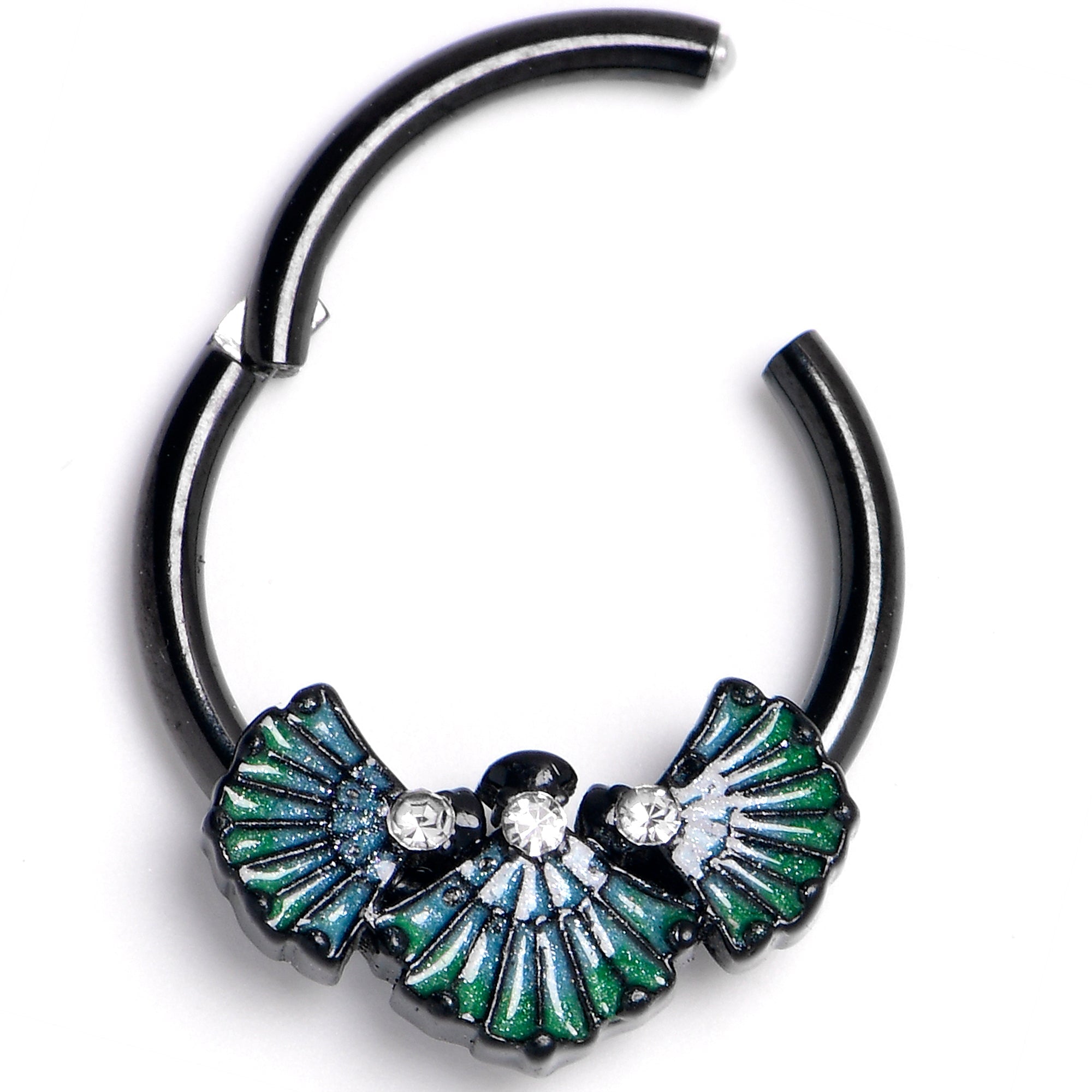 BodyCandy 16G 3/8 Black PVD Serenity Ocean Magic Sea Shells Hinged Segment Ring — main product shot