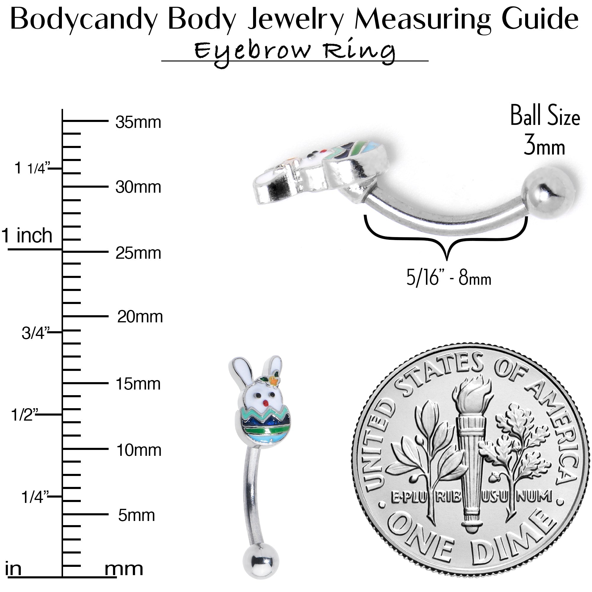 BodyCandy 16G 5/16 Easter Egg Bunny Curved Eyebrow Ring — size reference