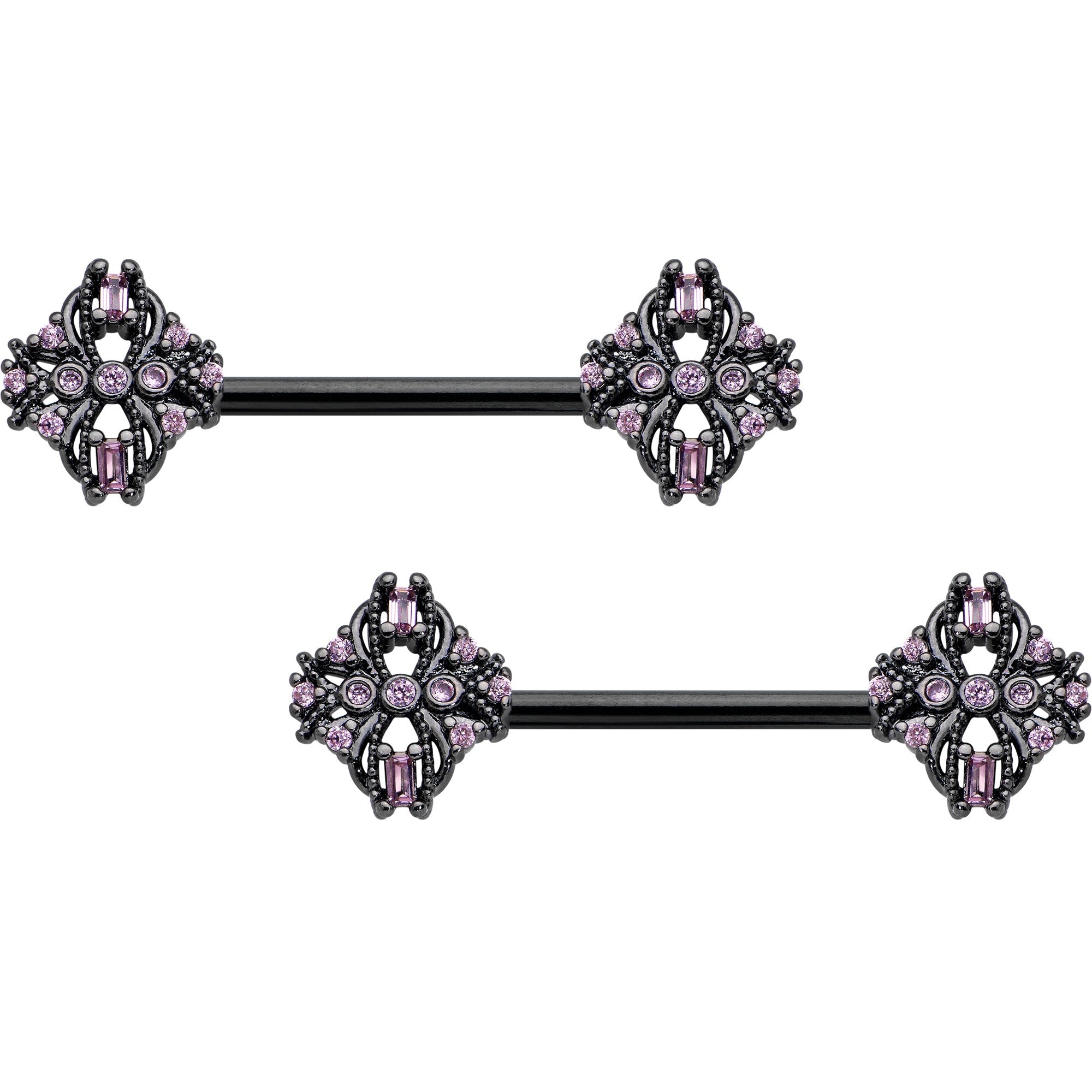 BodyCandy 14G 9/16 Pink Gem Black Opulent Cross Barbell Nipple Ring Set — main product shot